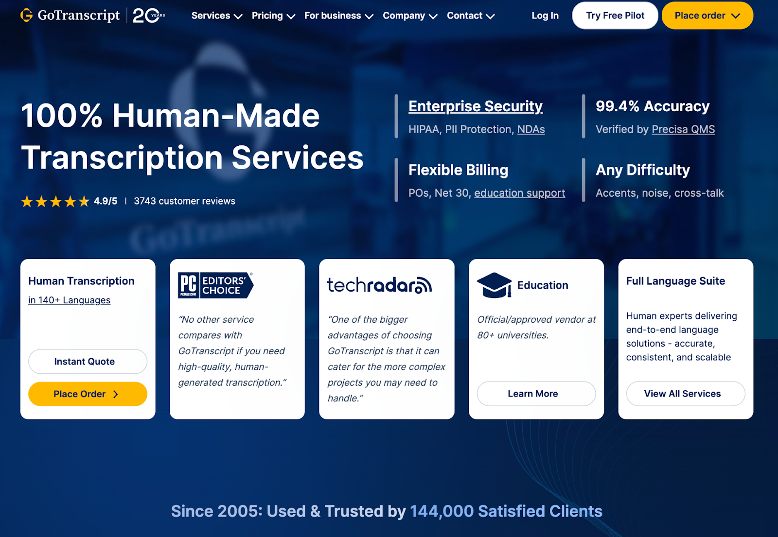 Captura de pantalla de la página principal de GoTranscript, servicio de transcripción online