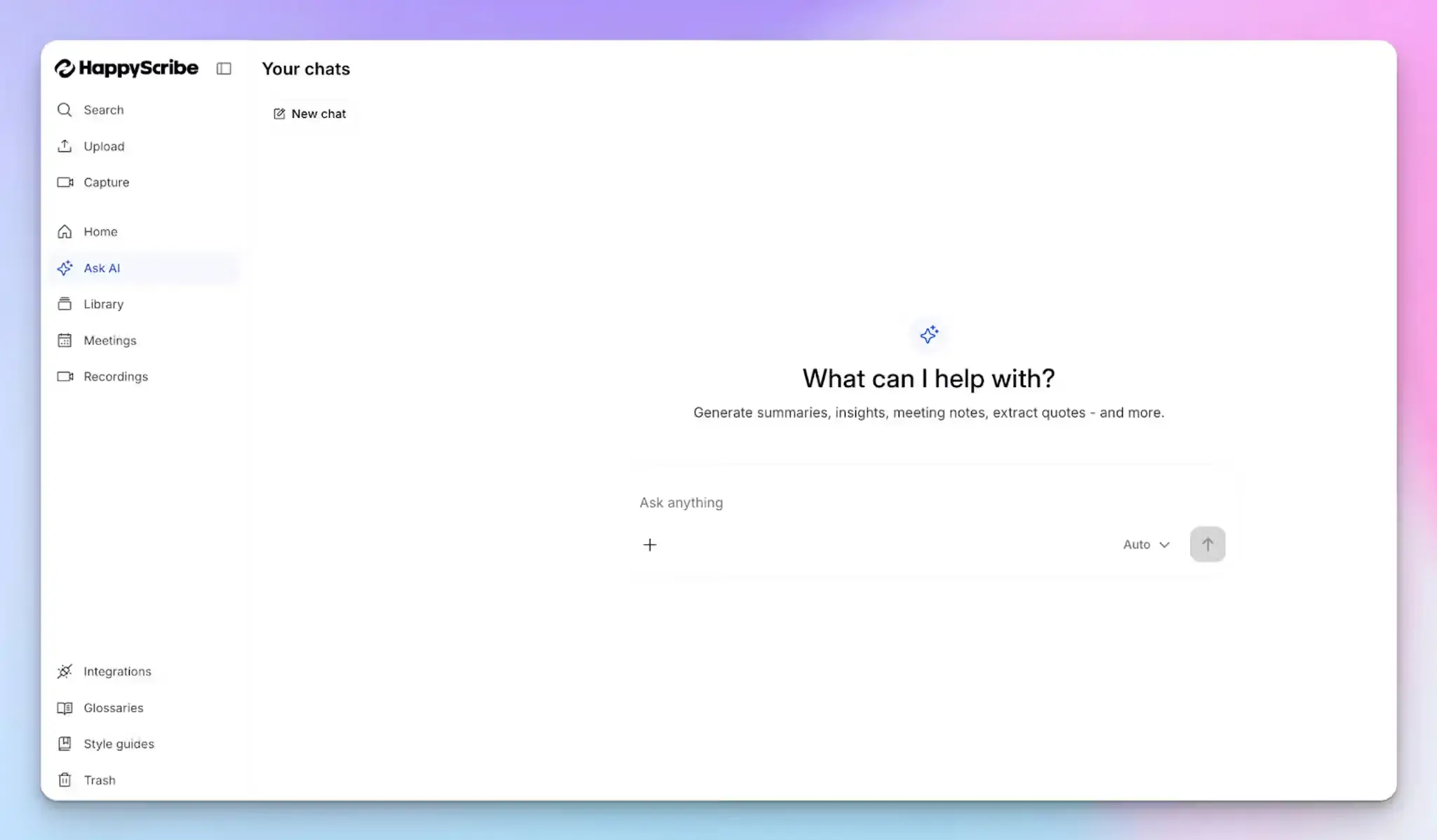 HappyScribe's Chat feature lets you pull answers from all of your meetings