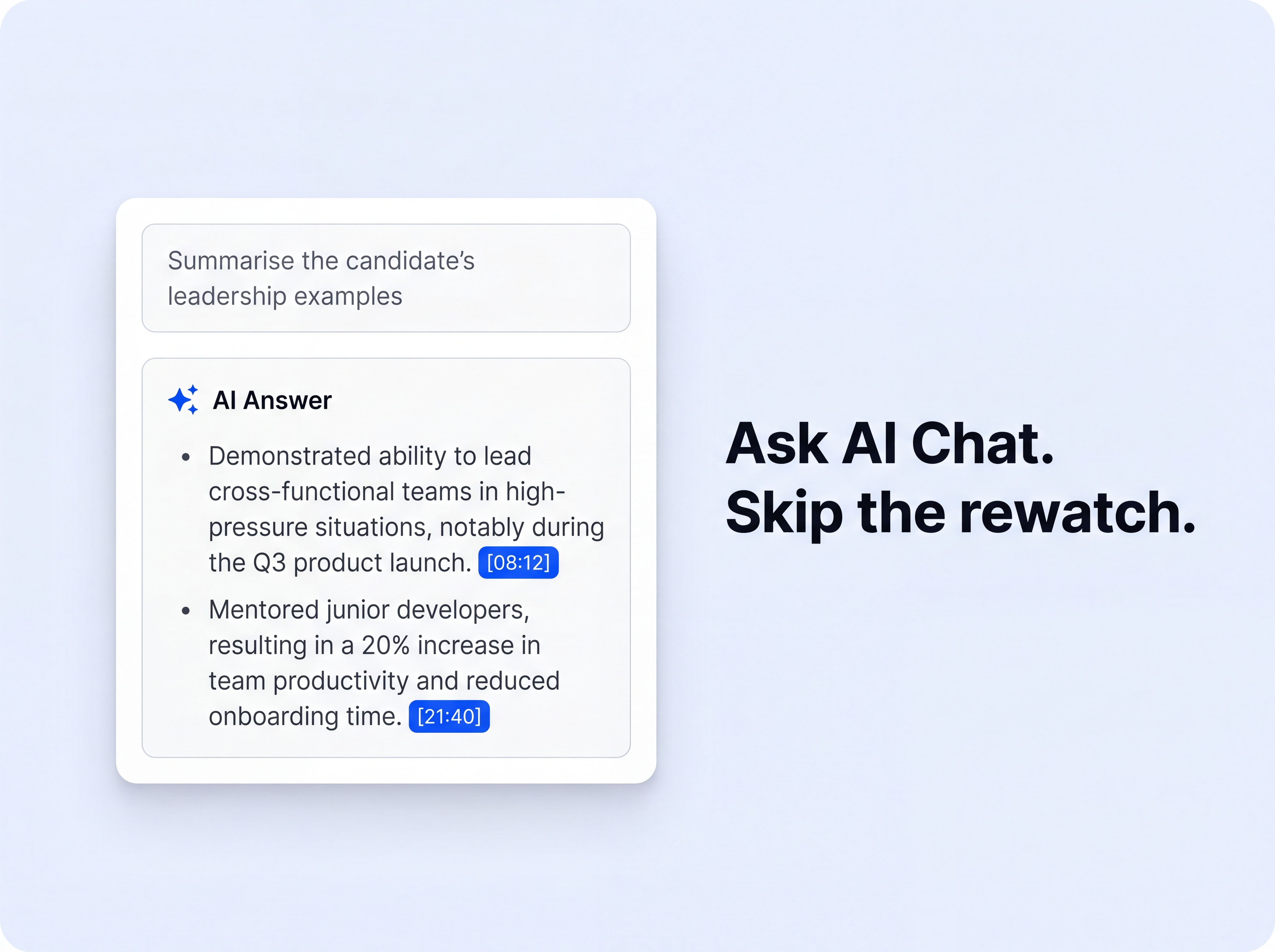 HappyScribe AI Chat answering a question about a candidate interview with timestamped source quotes