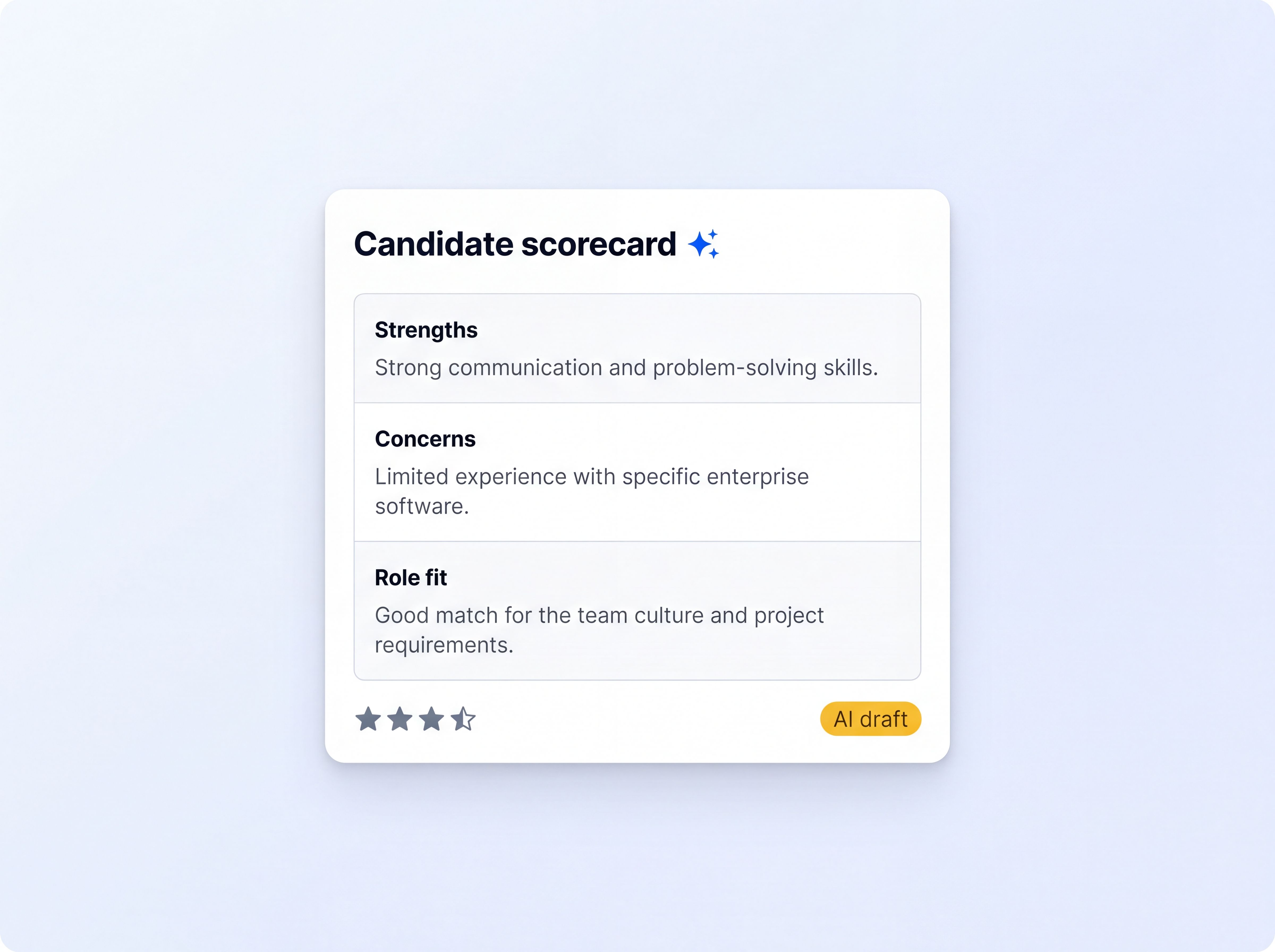Recruiter view: candidate scorecard mockup
