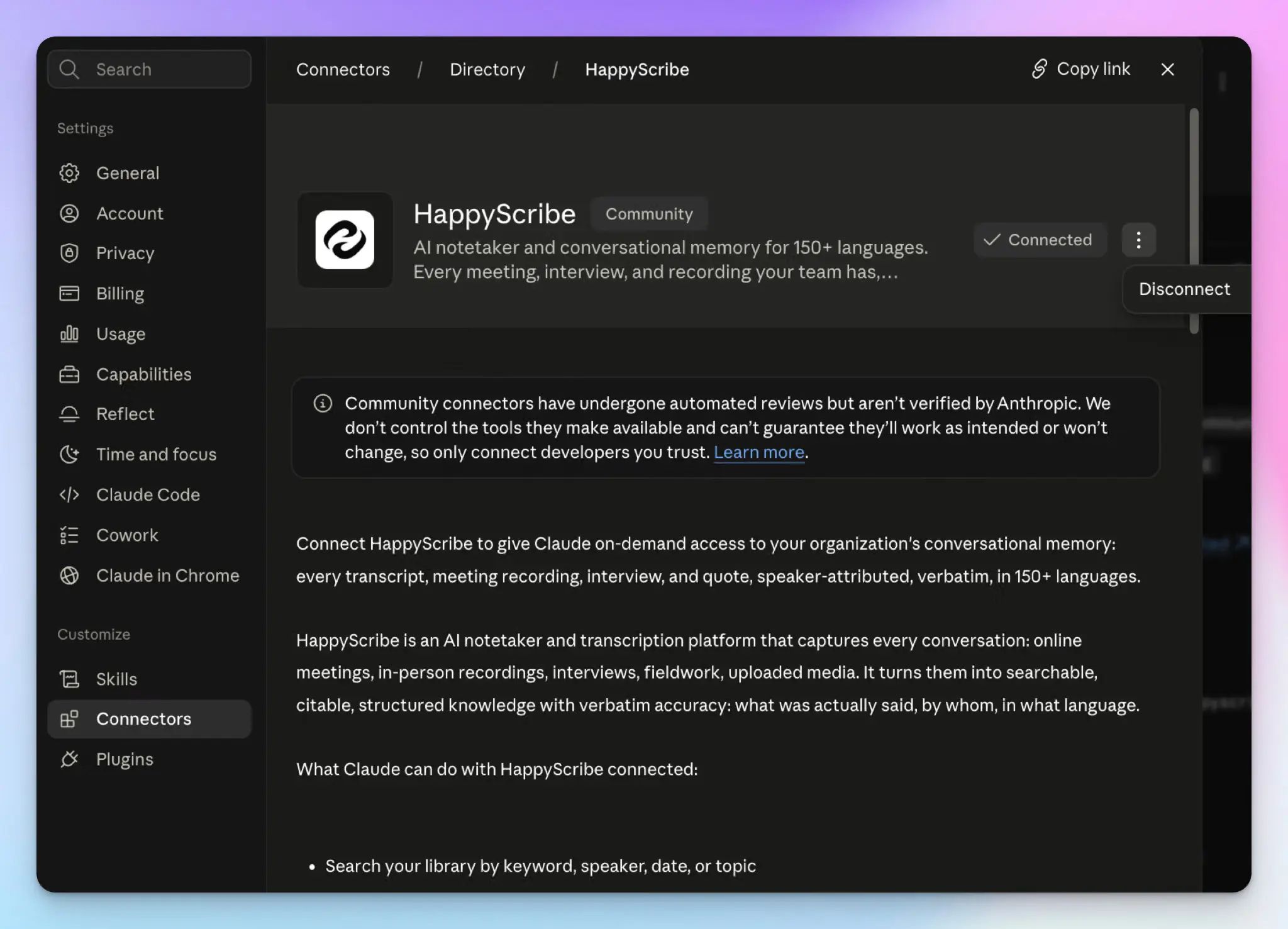 Connect HappyScribe's Claude connector