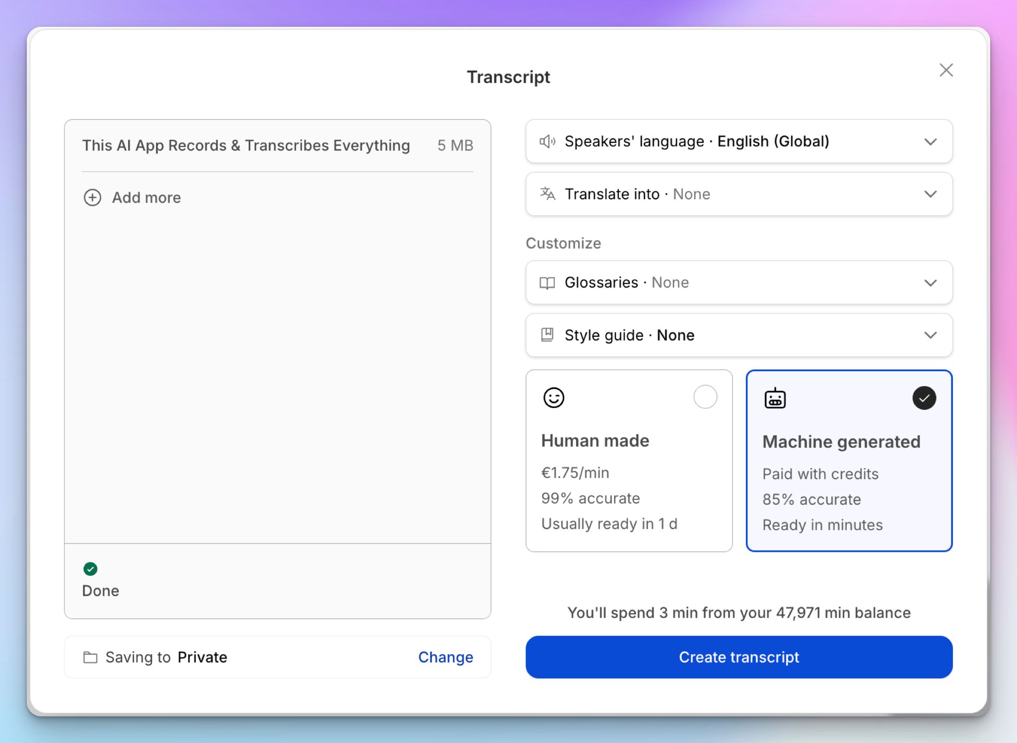 Human transcription for 99% accurate transcript with HappyScribe 