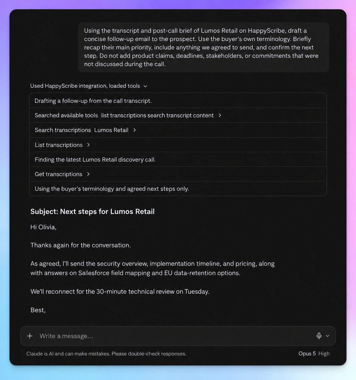 crea un follow-up post-riunione con l’integrazione HappyScribe + Claude