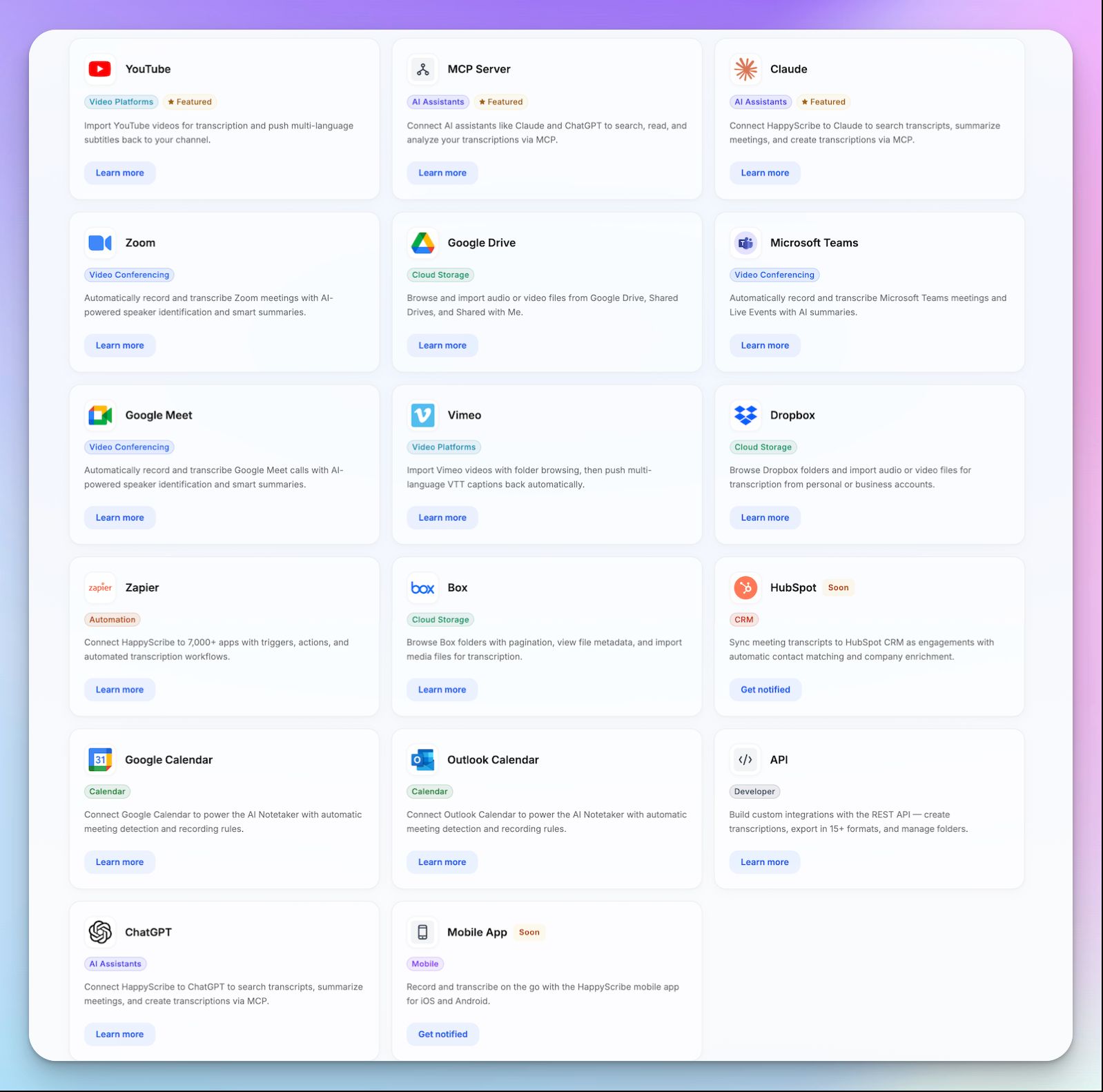move transcripts and summaries into your existing stack using HappyScribe’s MCP server, API, or Zapier
