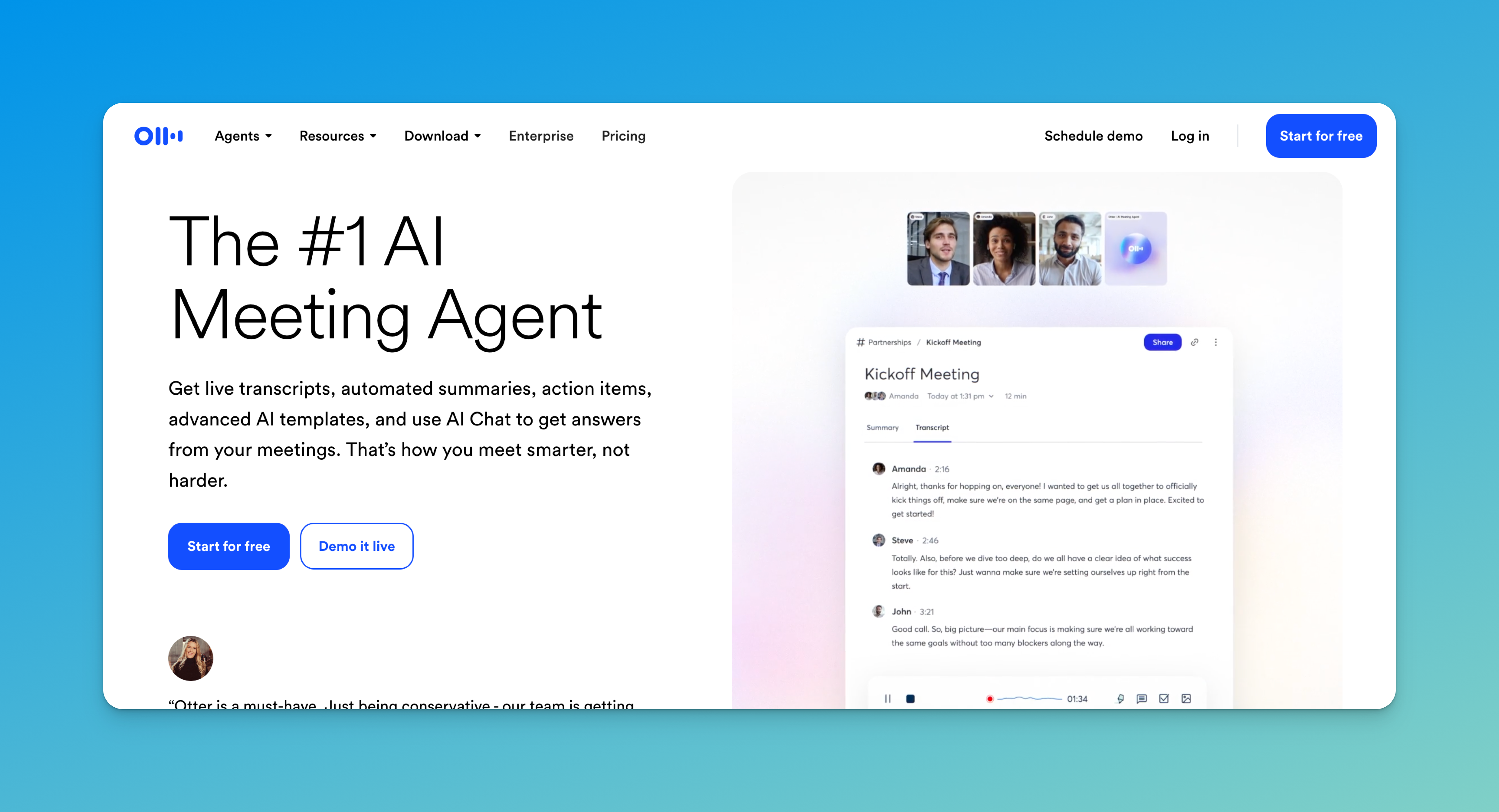 Screenshot of Otter ai’s homepage highlighting tools for automatic meeting transcription, live captions, and team collaboration.