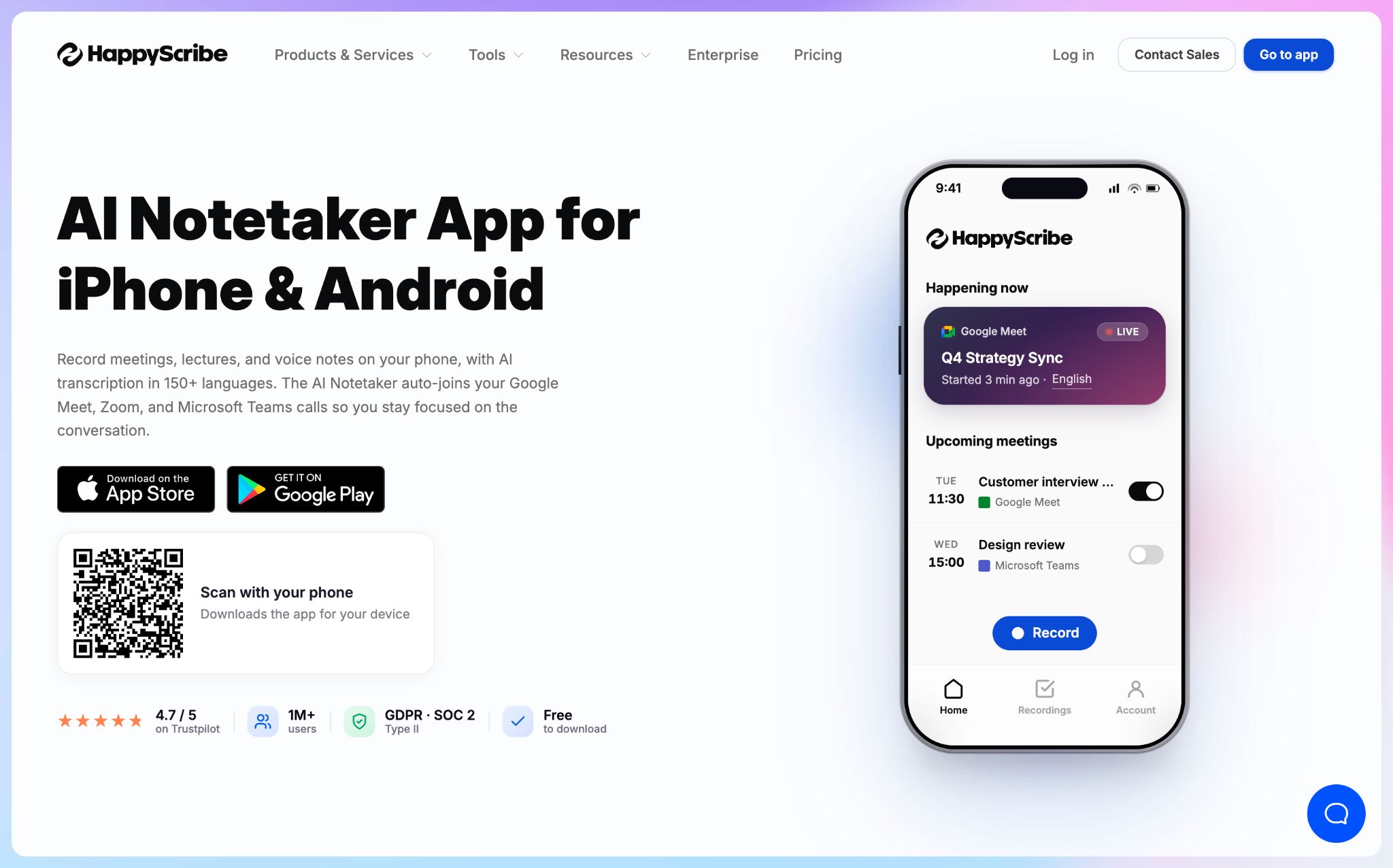 HappyScribe offline meeting recorder: mobile app for iOS and android
