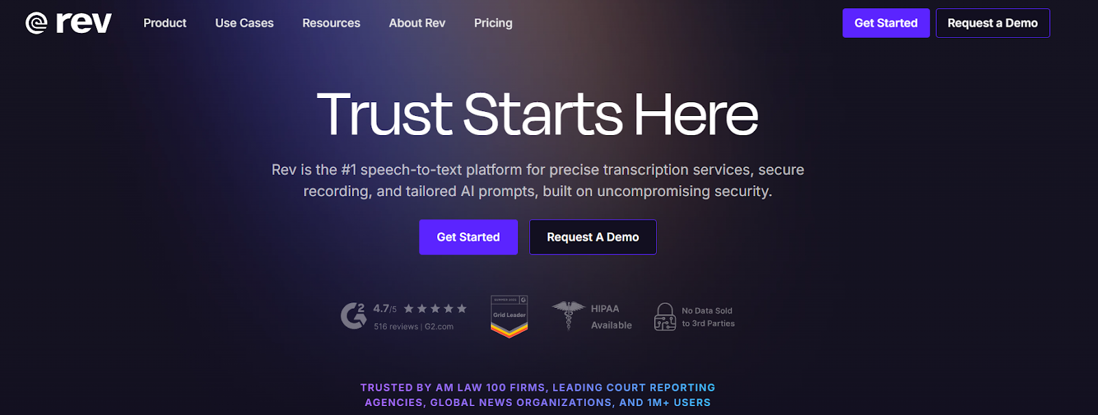 Screenshot of Rev’s homepage showing AI and human transcription options, captioning tools, and subtitle services