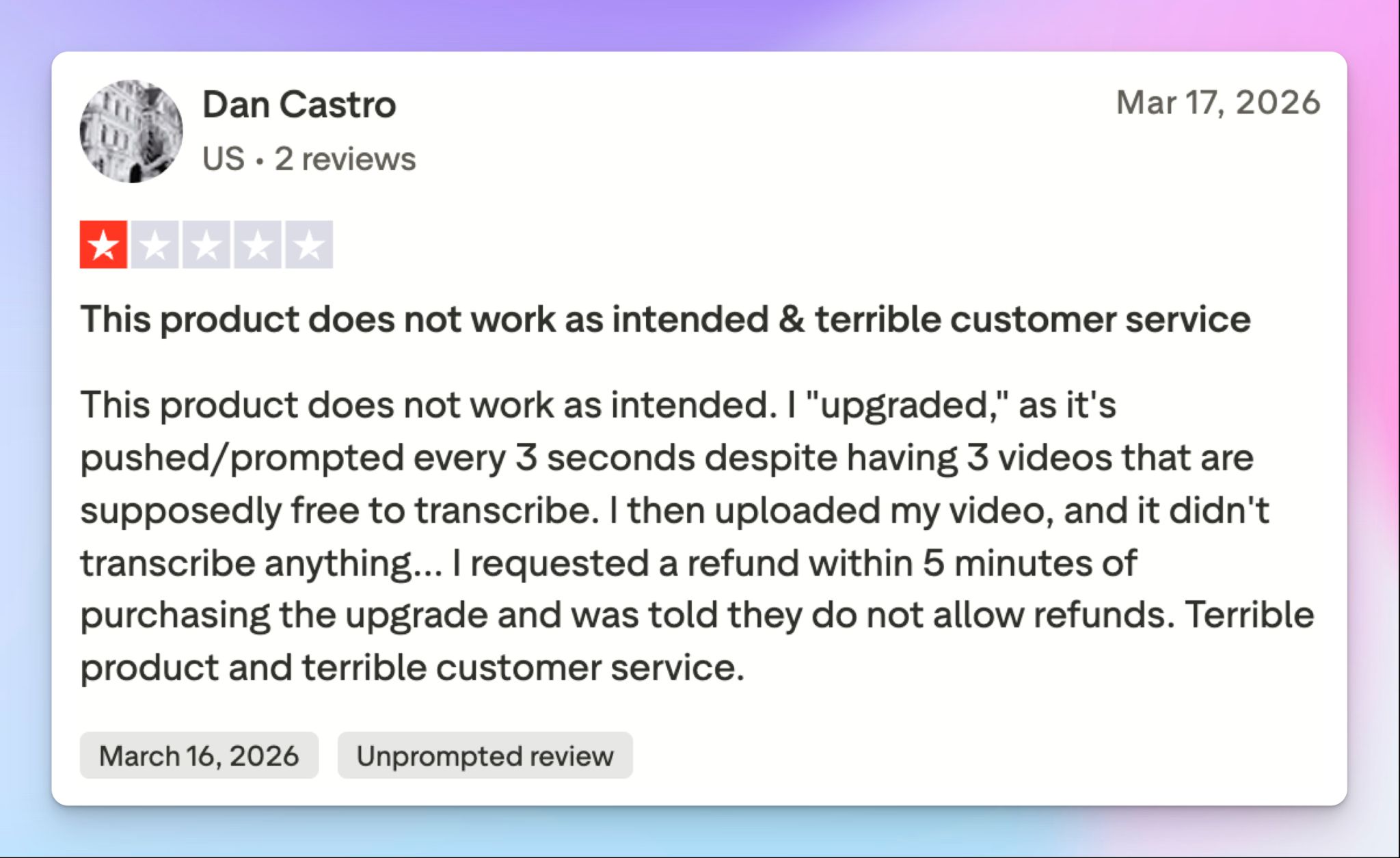 TurboScribe's customer support is unhelpful and unresponsive