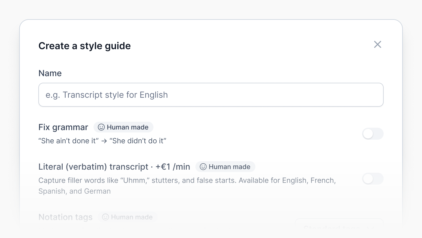 Zamów transkrypcje w trybie verbatim w ramach funkcji Style Guide