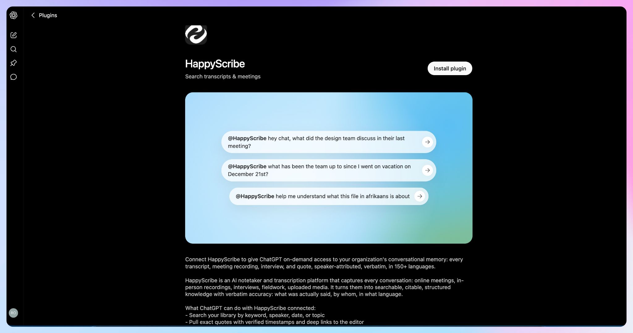 HappyScribe plugin on ChatGPT