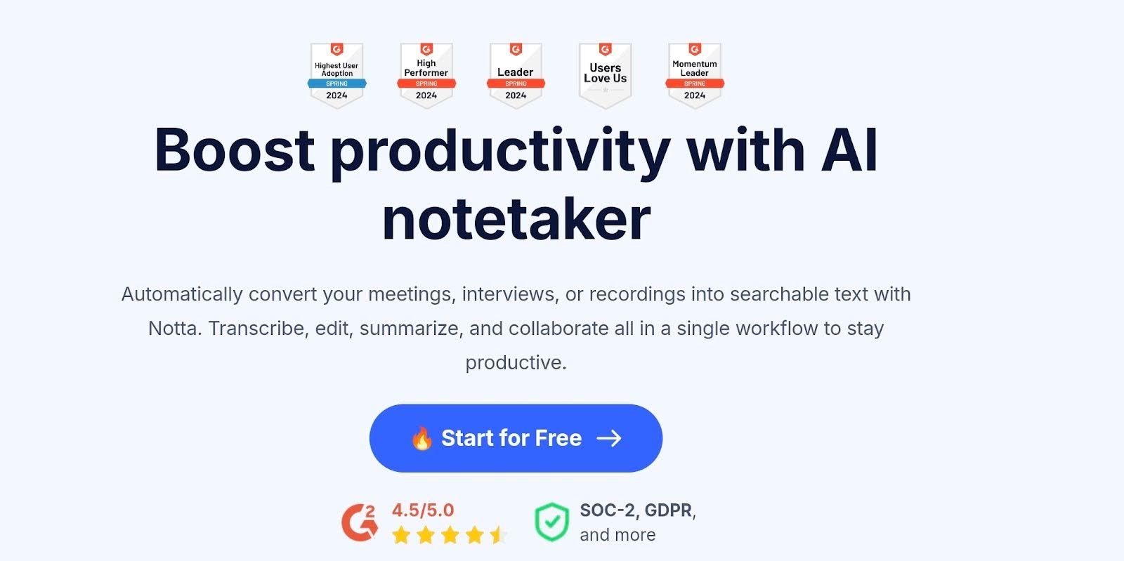An image showing the homepage of AI transcription tool Notta