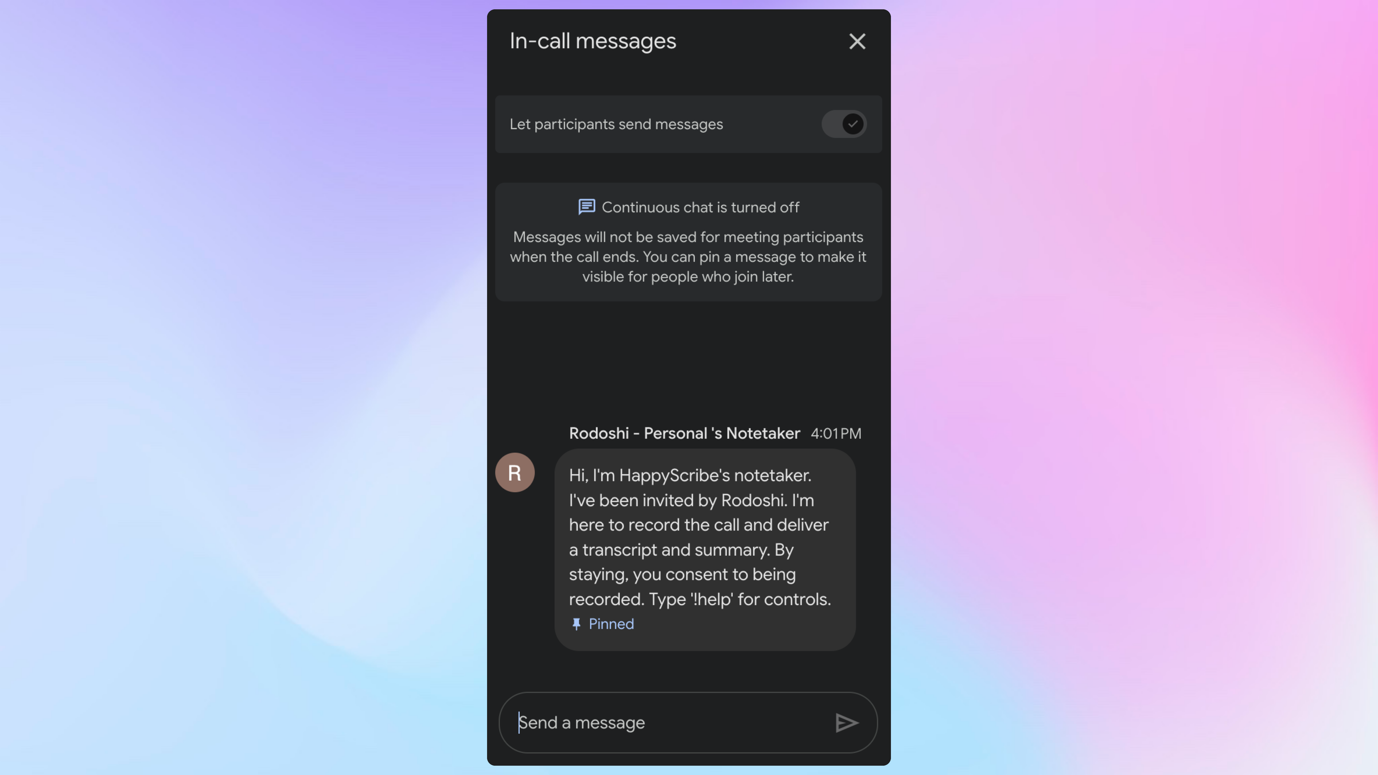 HappyScribe's notetaker bot announces itself to let participants know that the meeting is being recorded