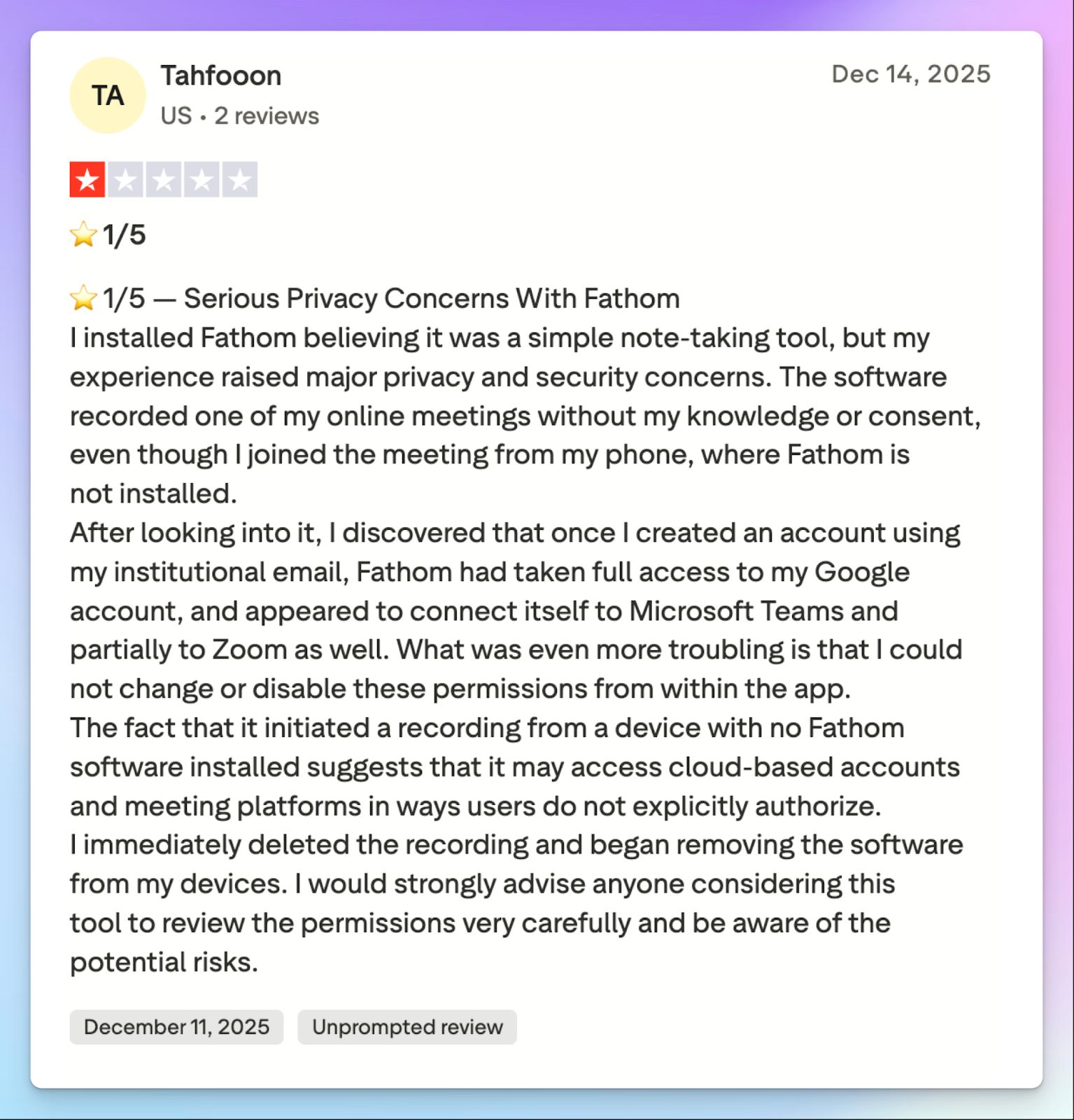 Fathom AI meeting bot is unreliable and has privacy issues