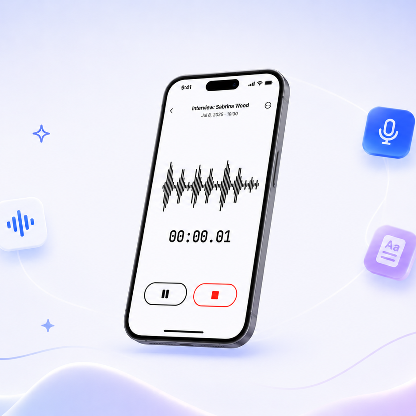 HappyScribe mobile app displaying the soundwave of a voice recording