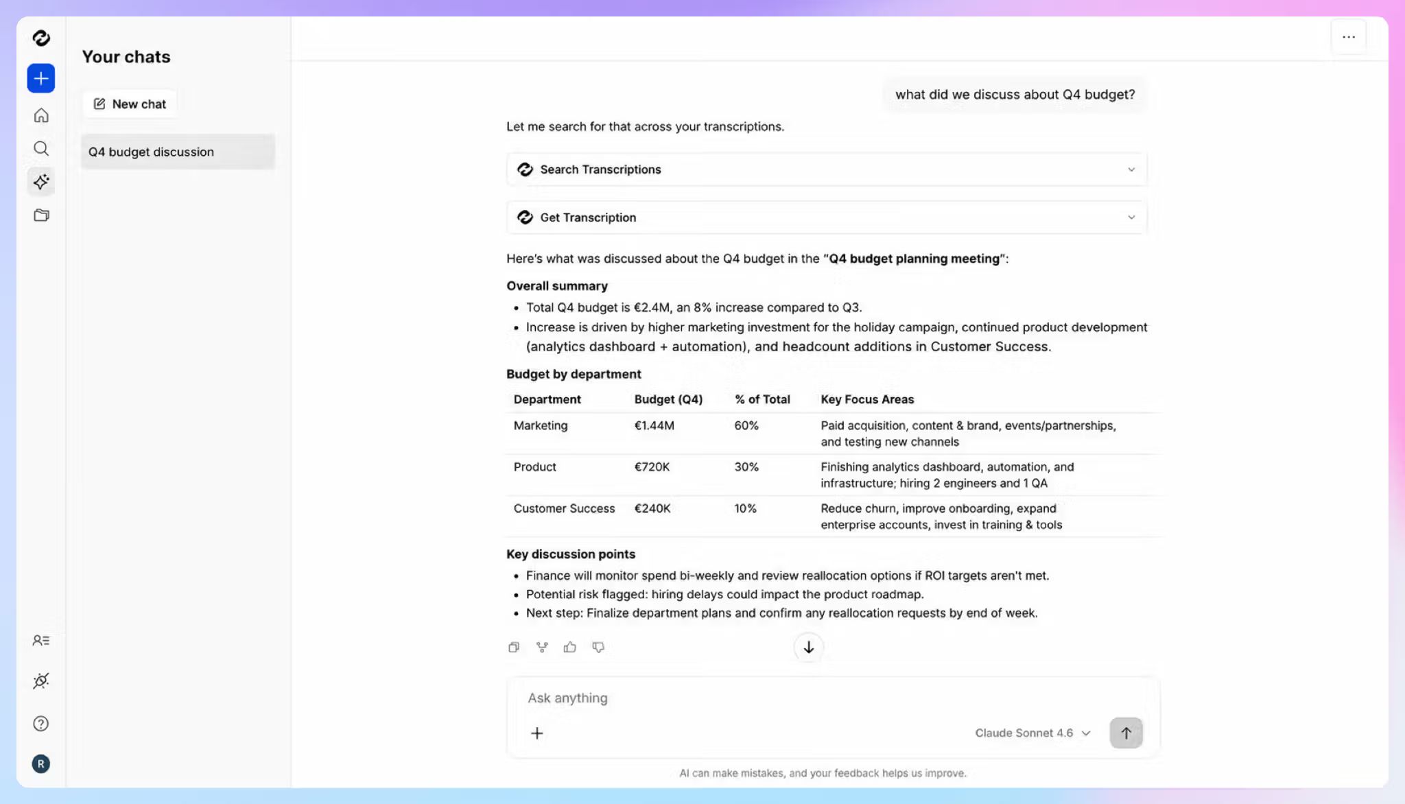 Ask questions about your meetings to HappyScribe AI Chat