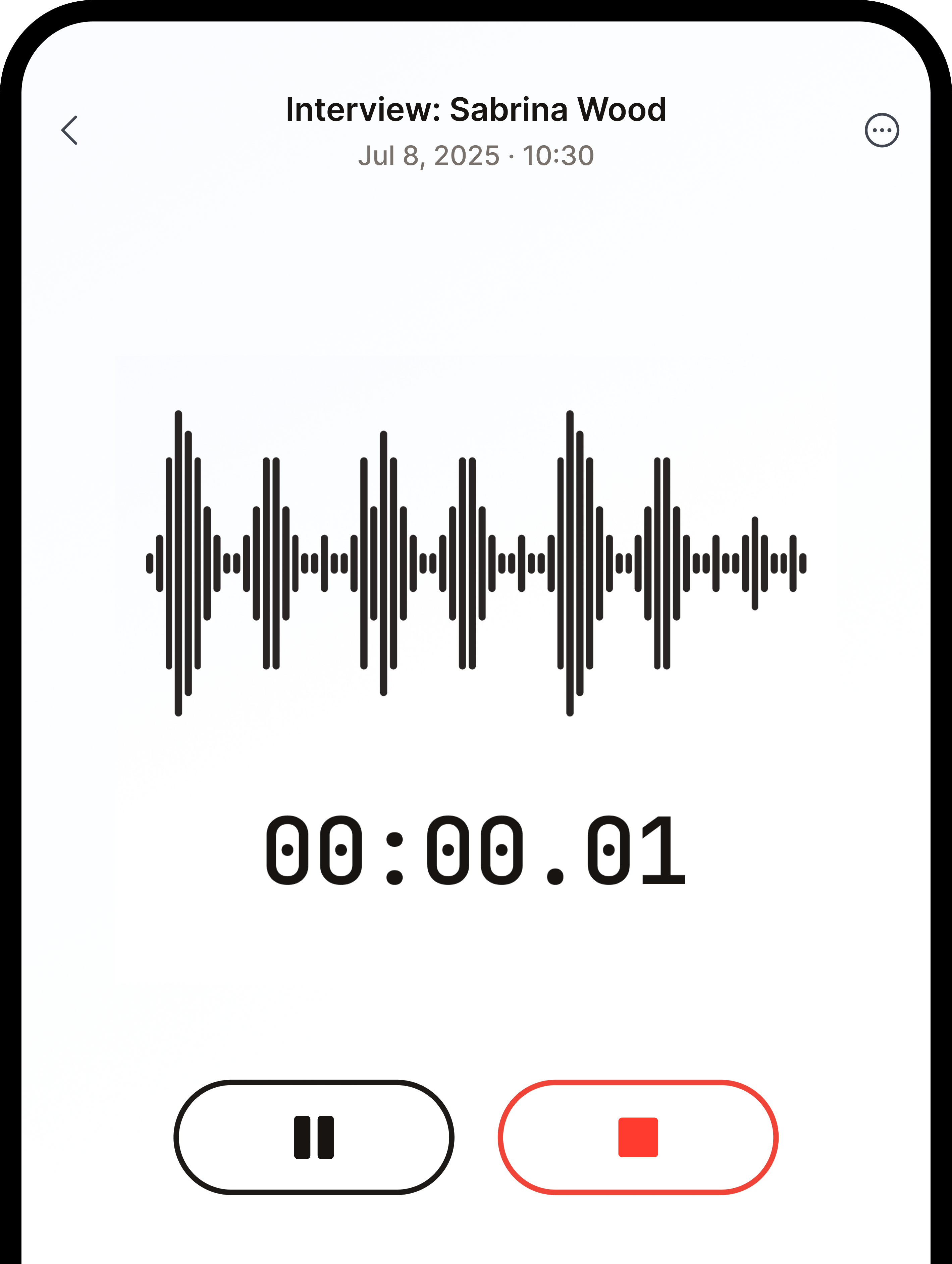 HappyScribe mobile app recording screen showing active recording with a timer and red status dot