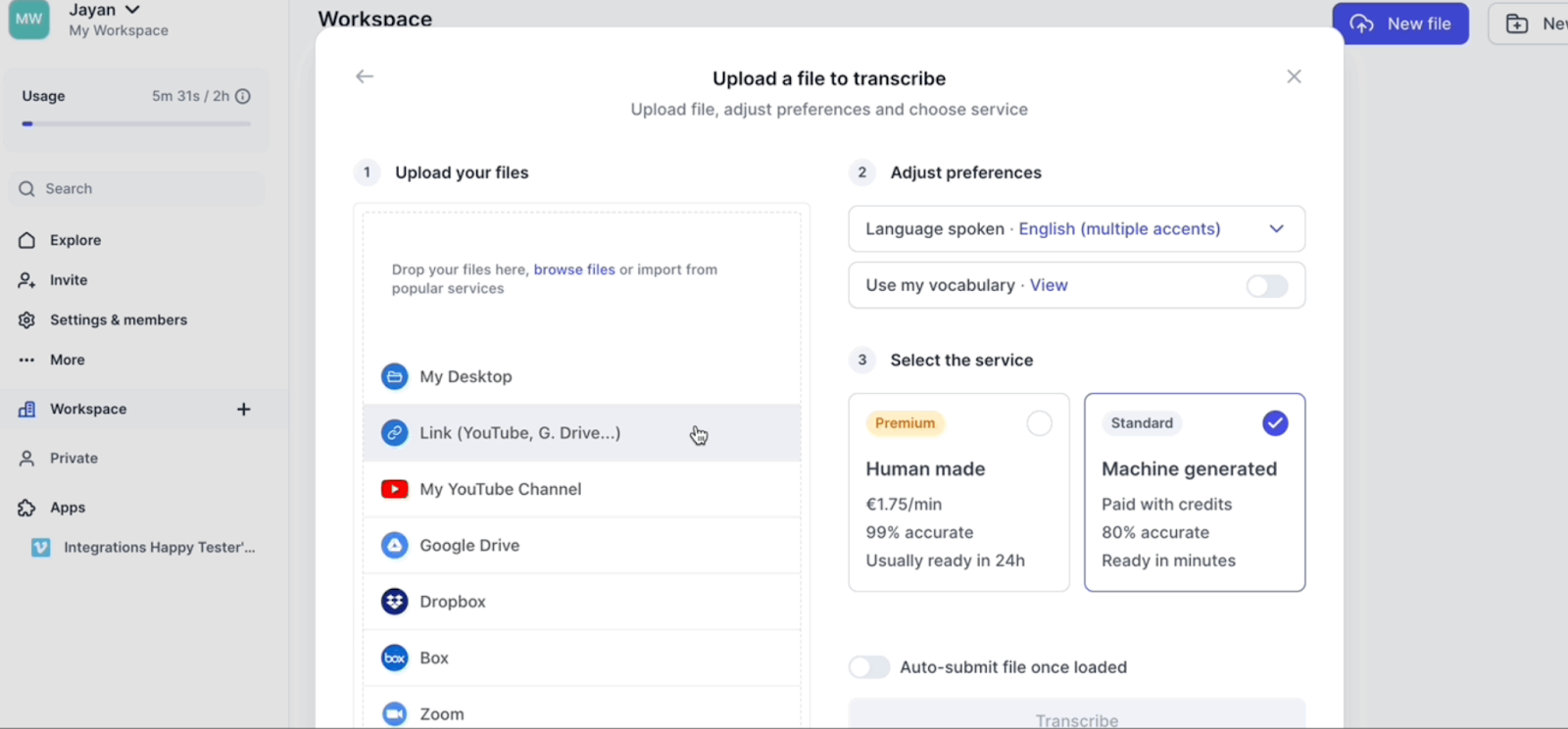 upload feature for transcription happyscribe