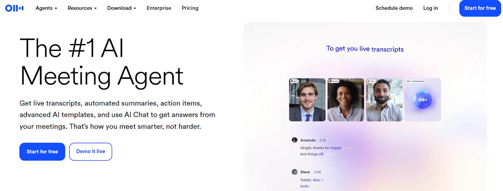 Screenshot of Otter.ai’s homepage highlighting tools for automatic meeting transcription, live captions, and team collaboration