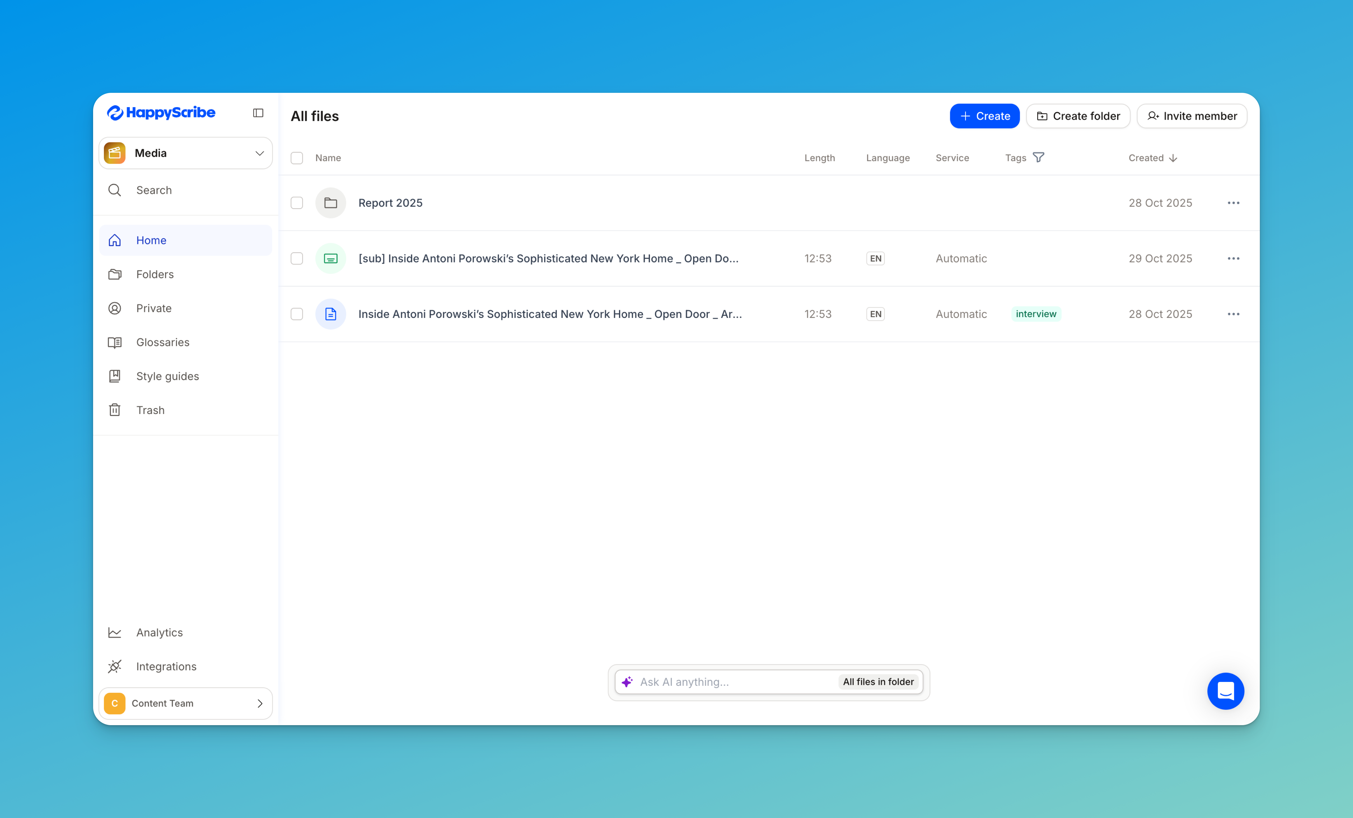 Fonctionnalité HappyScribe : outil de transcription en ligne et espace de travail