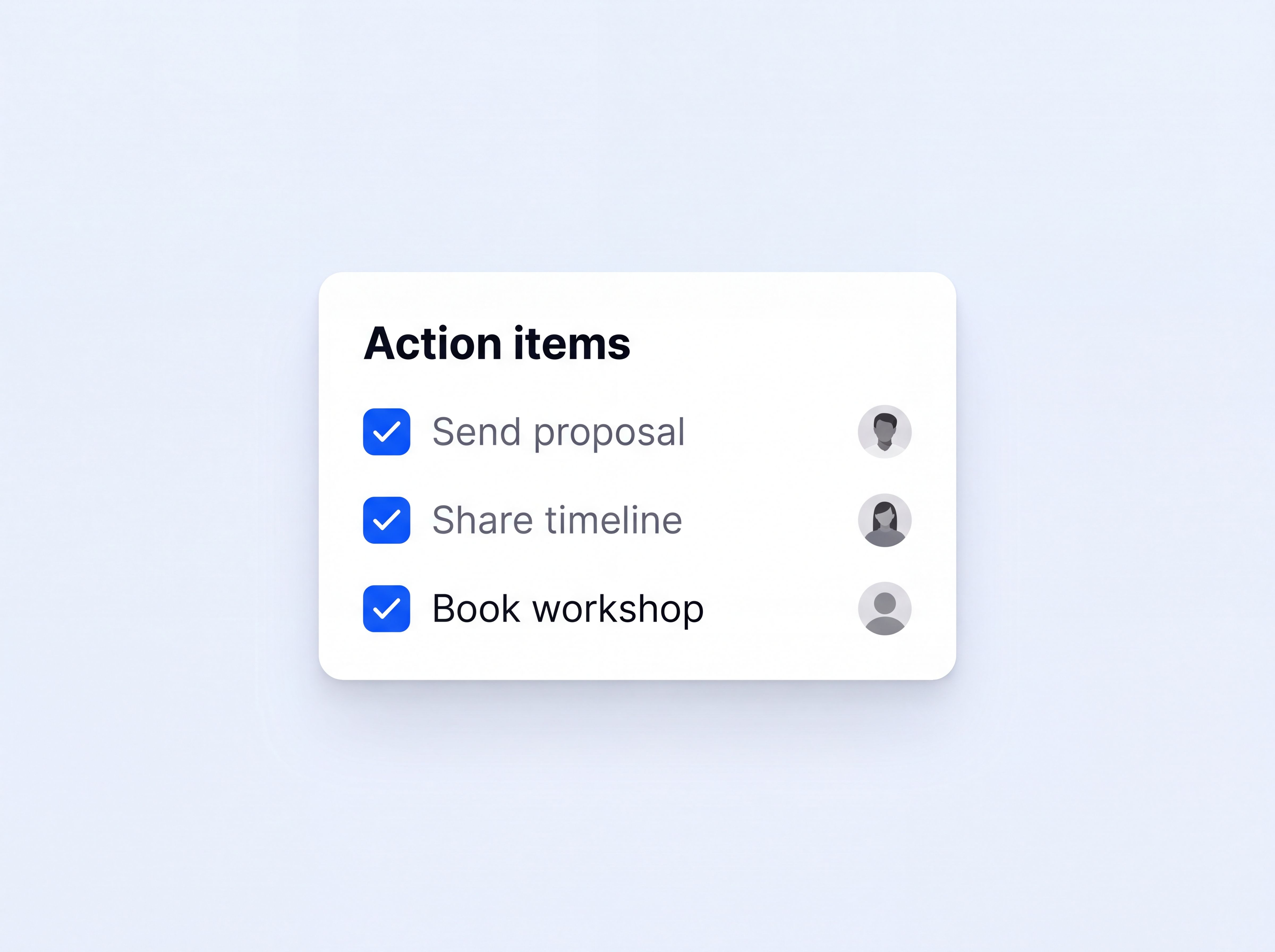 Action items checklist with owners in HappyScribe