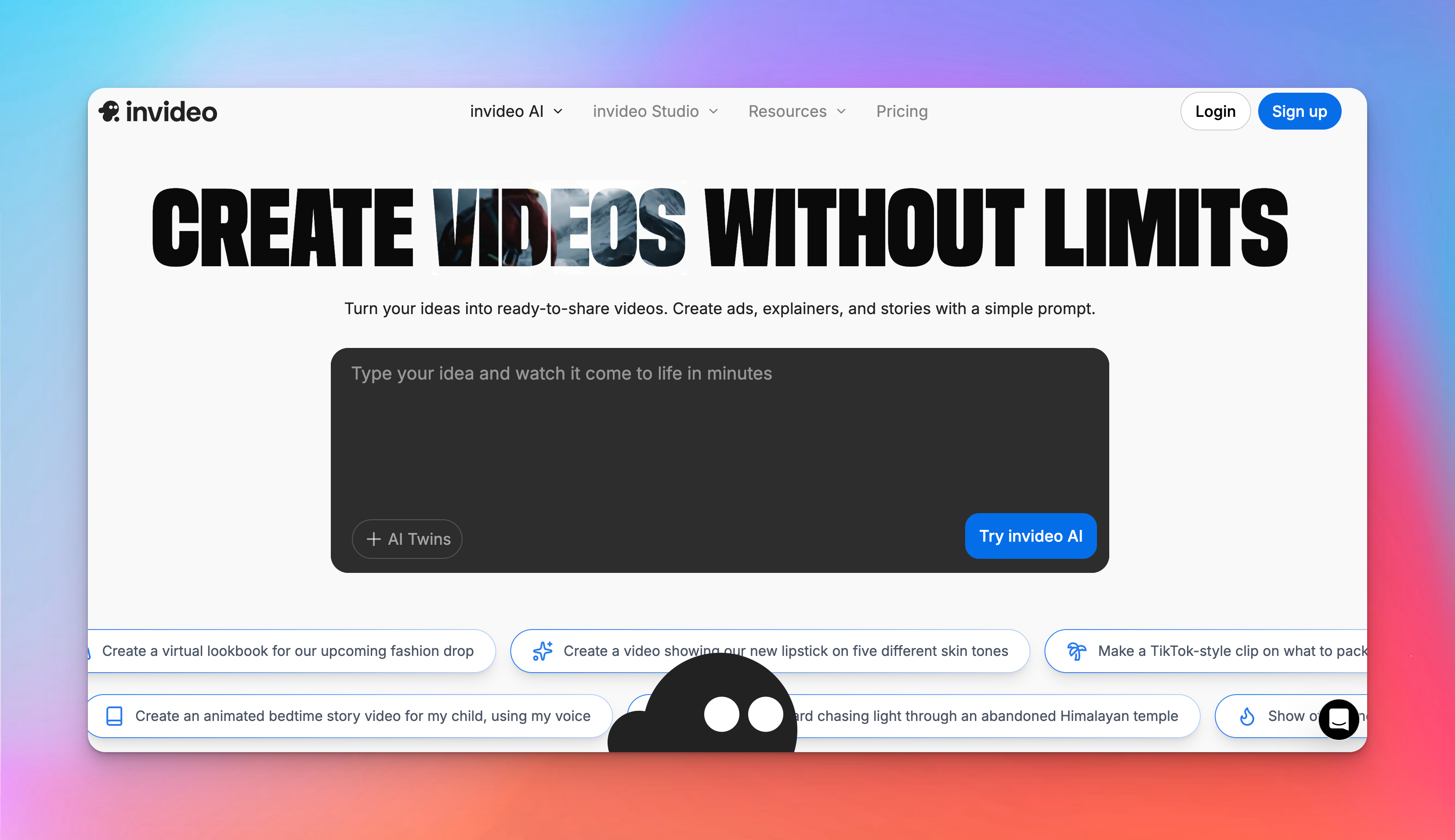 invideo homepage screenshot video editor