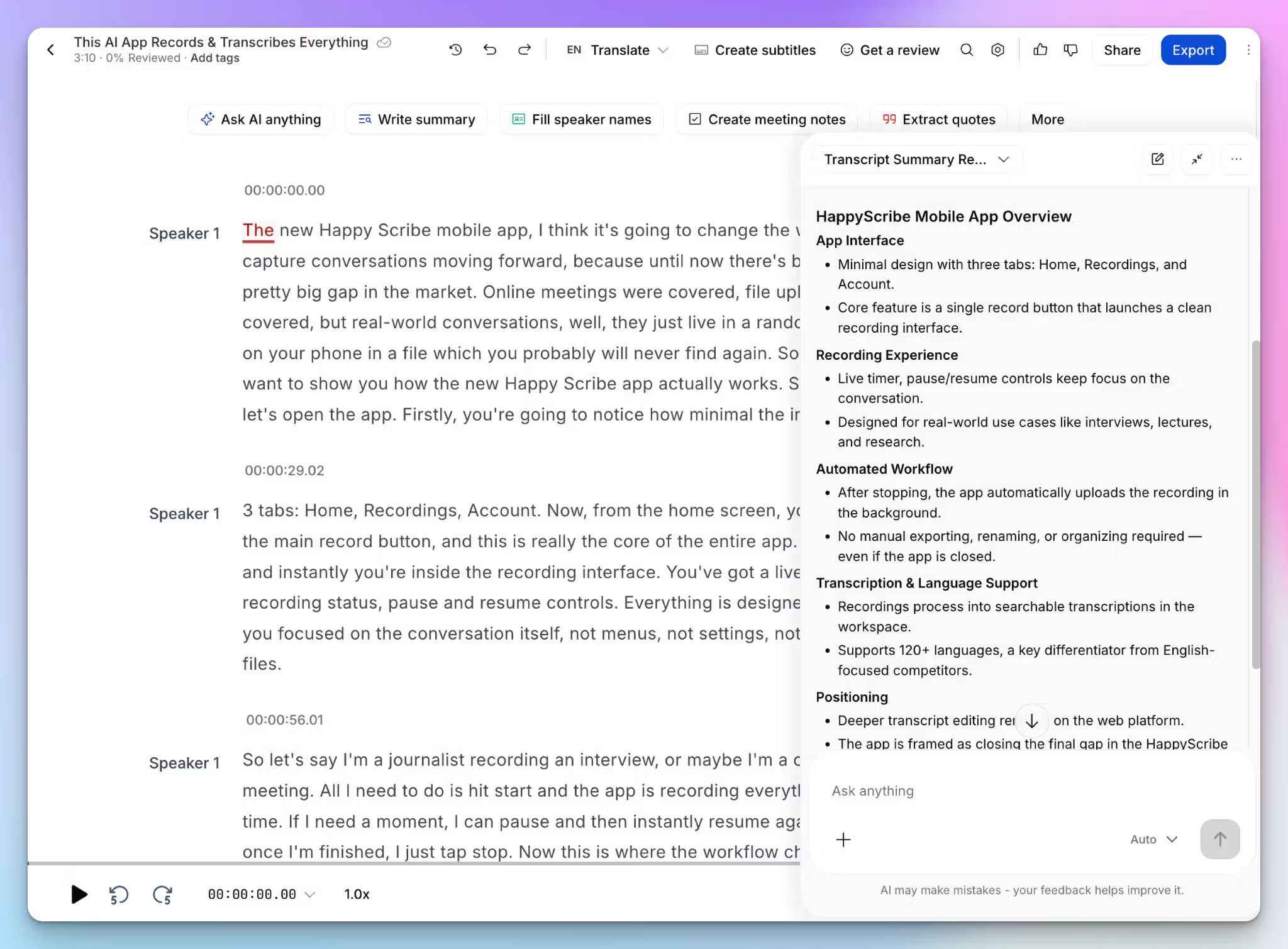 Ask HappyScribe AI Chat deep questions about your transcripts