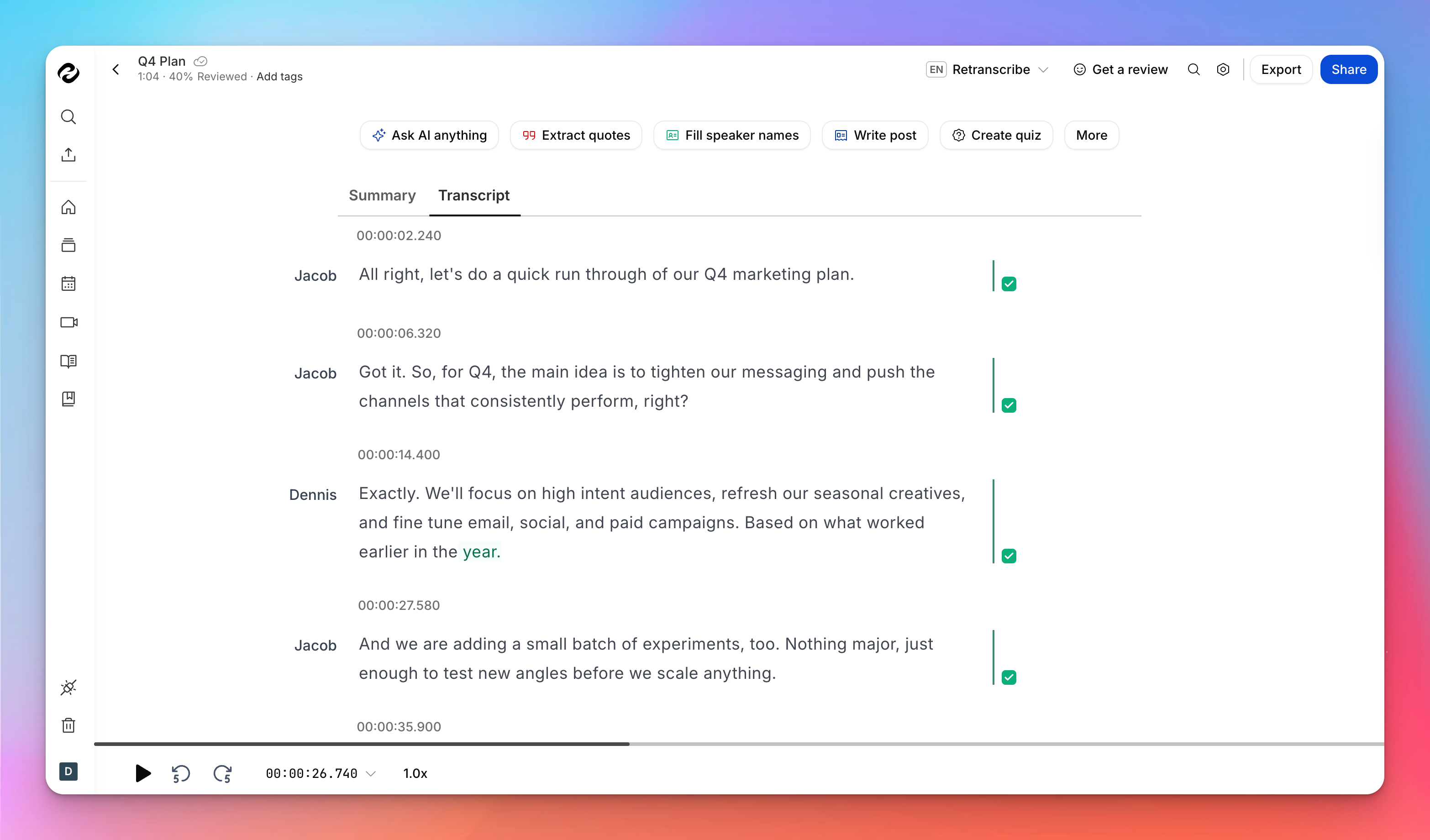 HappyScribe generates speaker labels and timestamps automatically