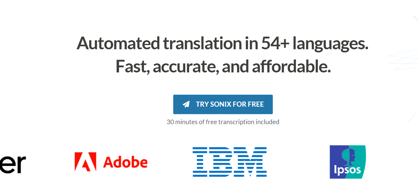 Screenshot of Sonix’s homepage displaying AI-powered transcription, translation, and subtitle creation tools.