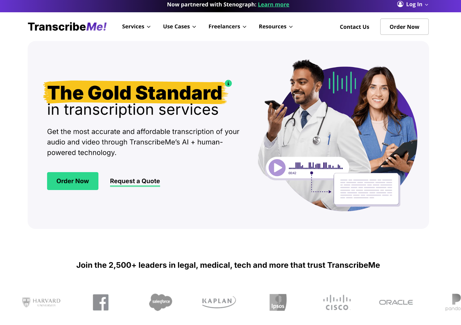 Captura de pantalla de la página de inicio de transcribe me: transcripción y subtítulos