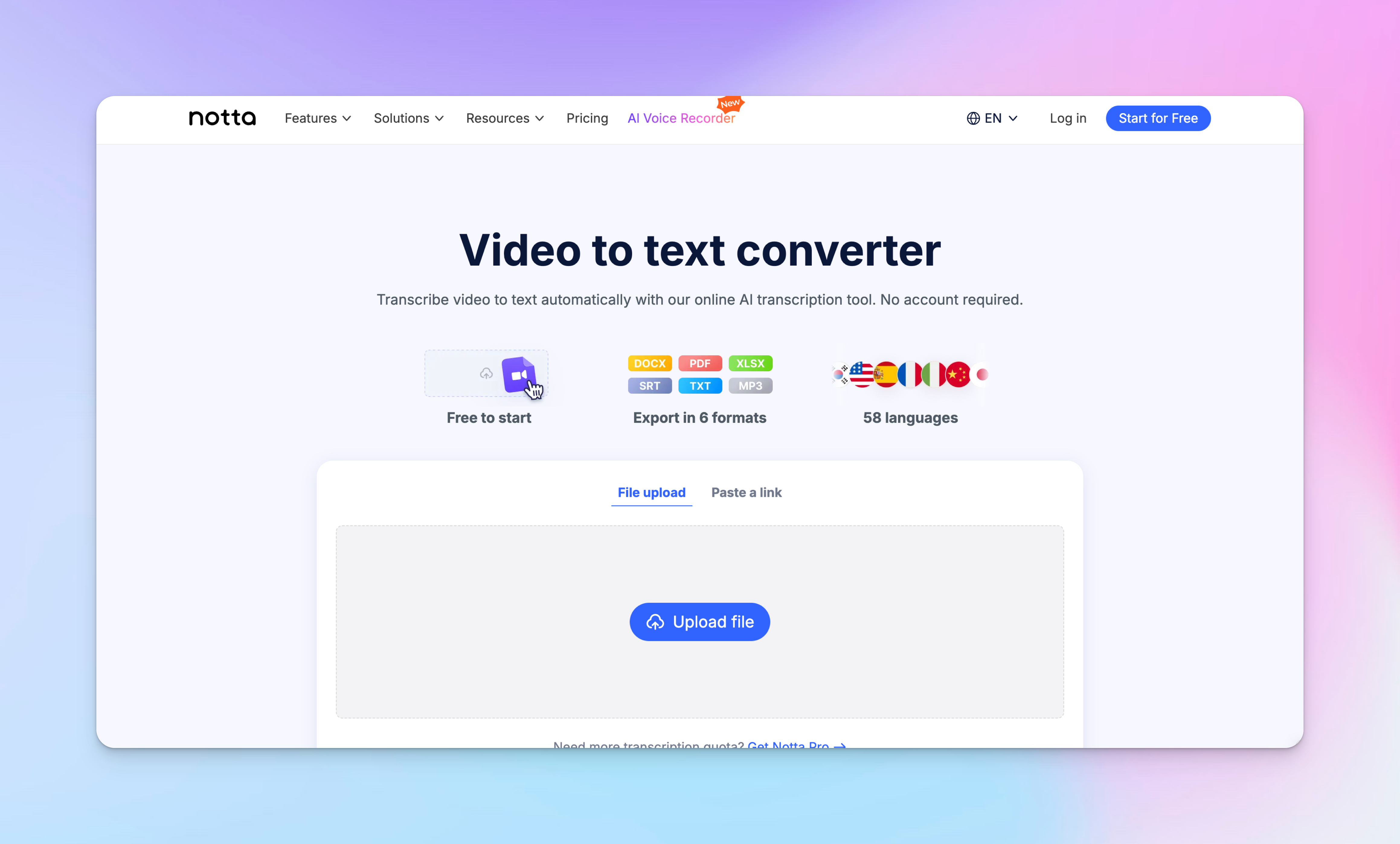 Capture d'écran de la page d'accueil de Notta : convertir la vidéo en transcription