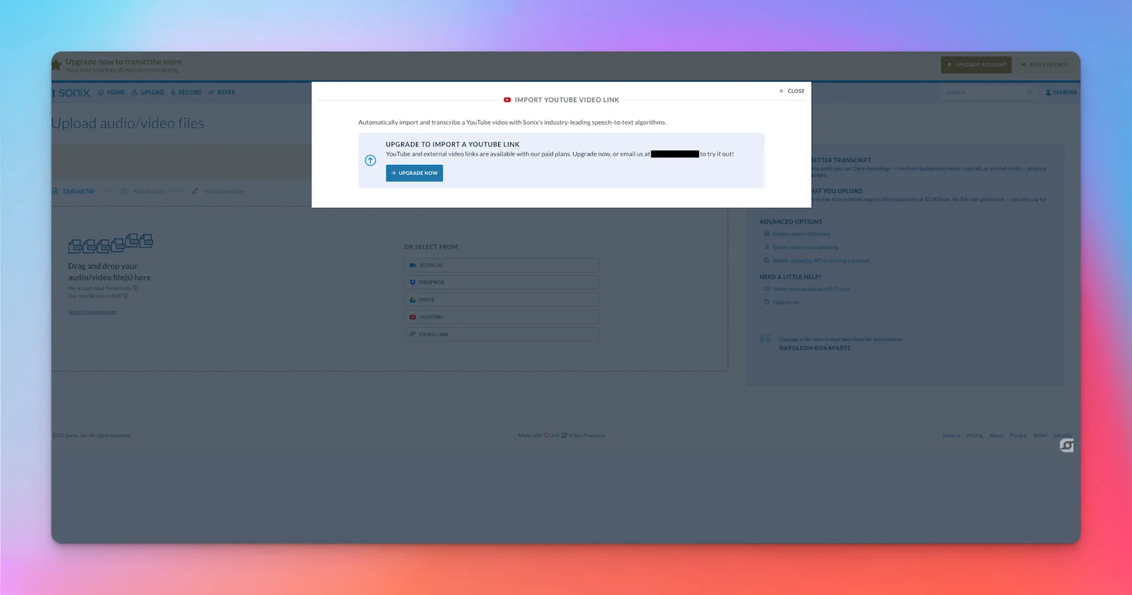 sonix import youtube link