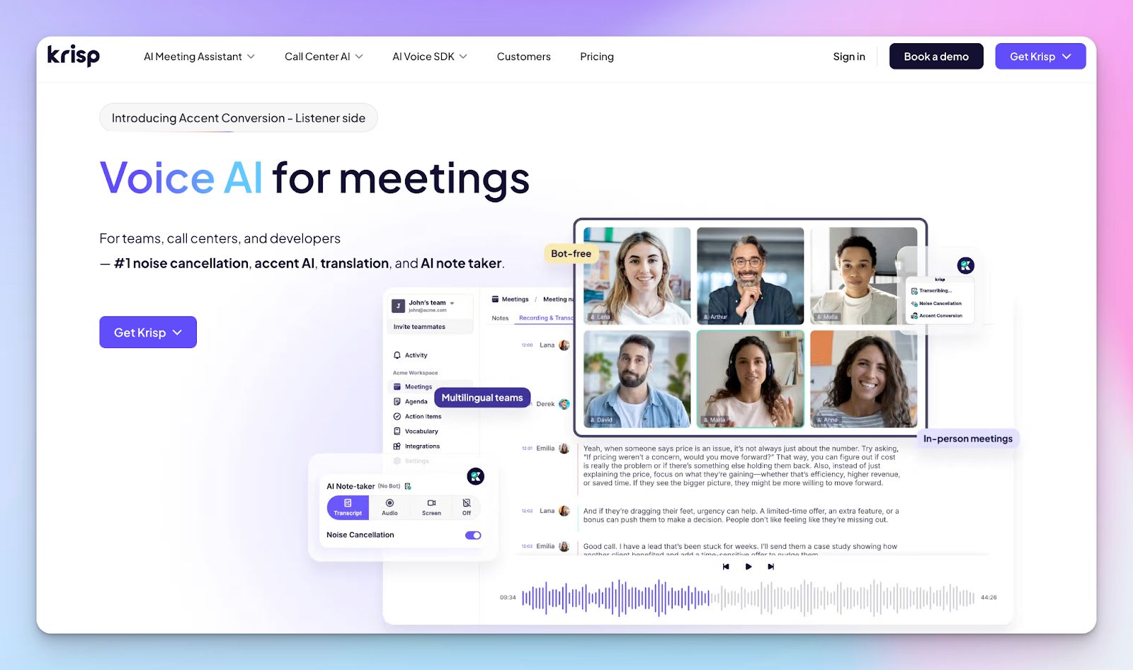 Krisp - best Circleback alternatives for AI meeting notes