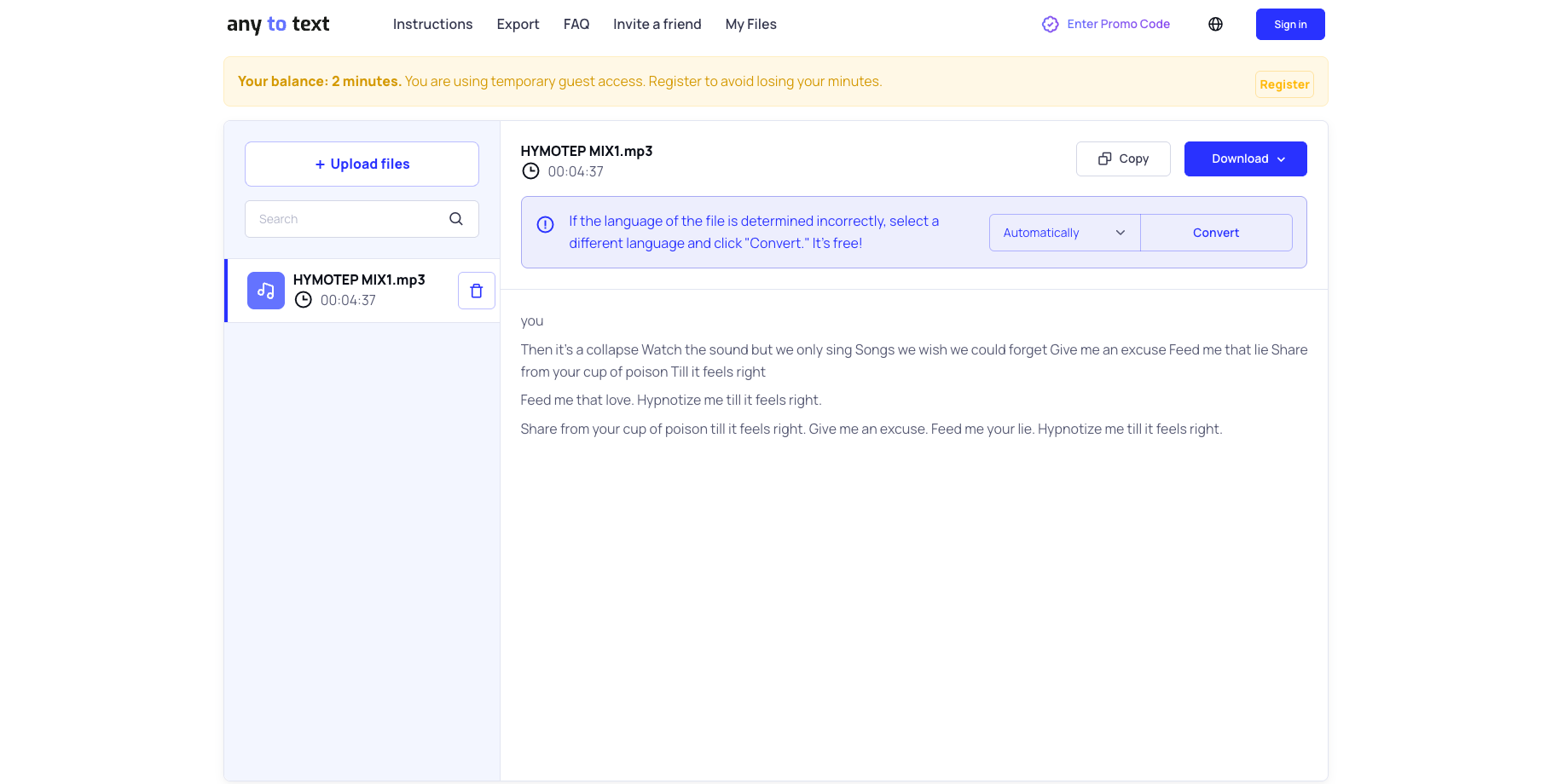 Editor de transcripciones de Any2text