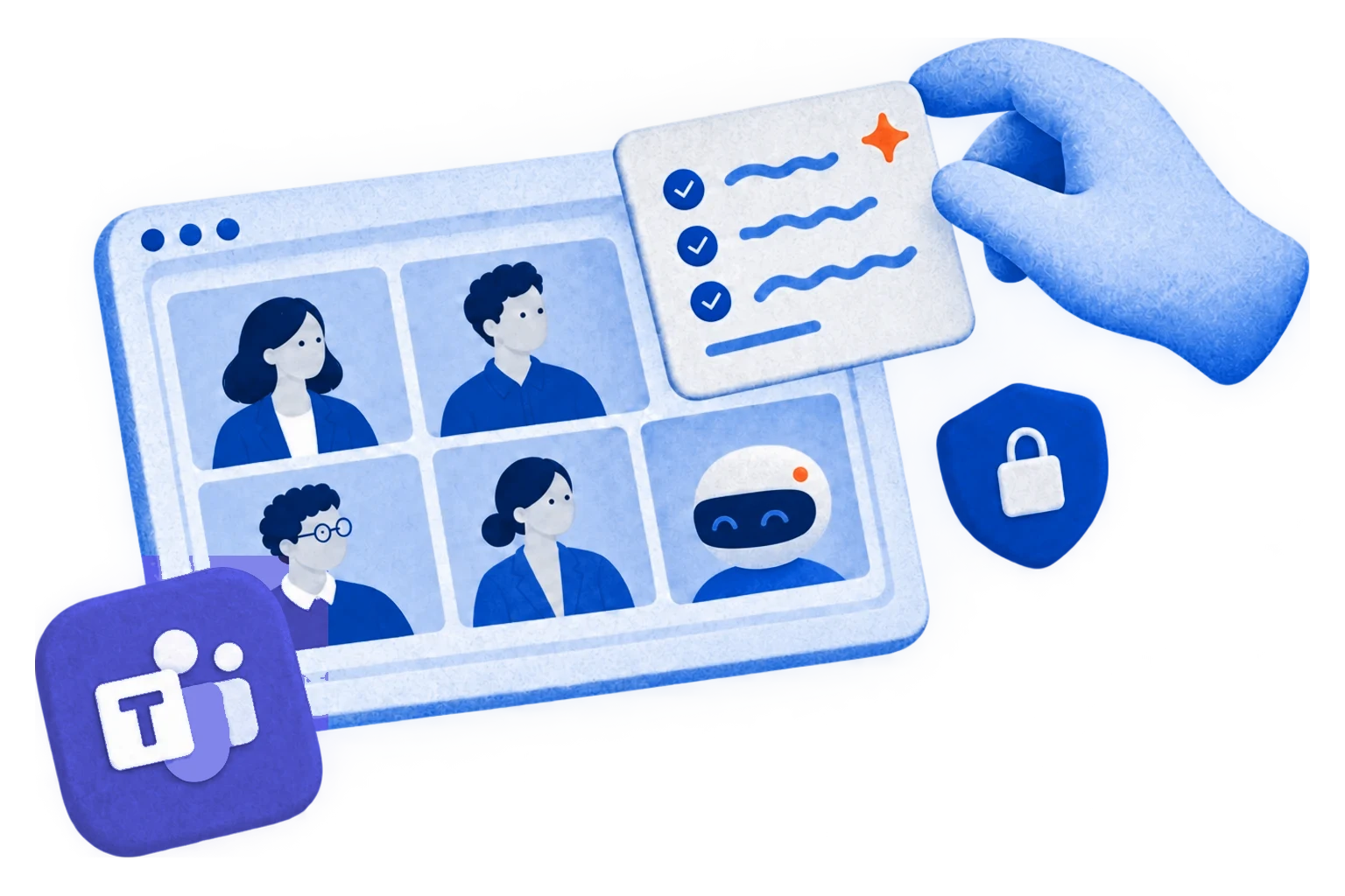 Microsoft Teams call with five people and an AI notetaker, with a checklist of notes and a padlock shield