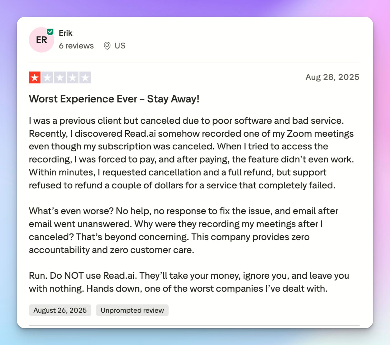 Read AI user review - predatory billing practices