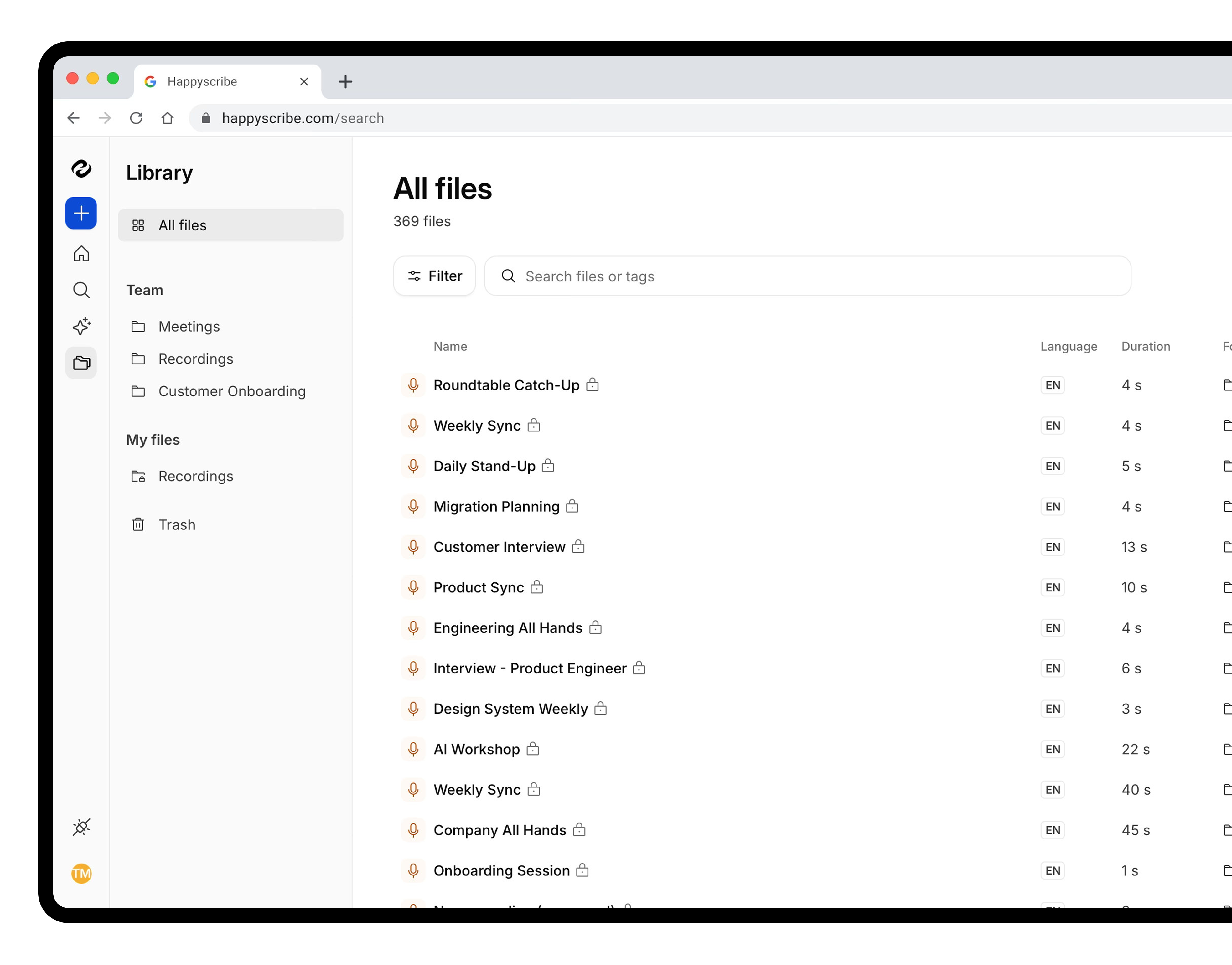 HappyScribe Library showing recent mobile recordings