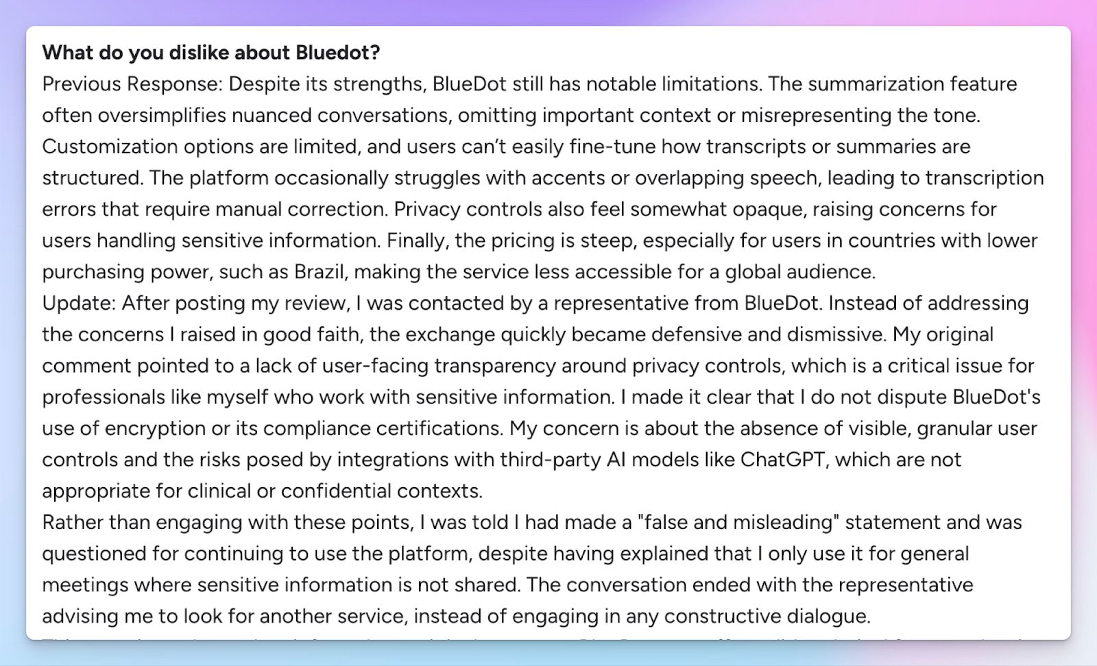 Bluedot AI meeting notes are inaccurate and requires manual editing