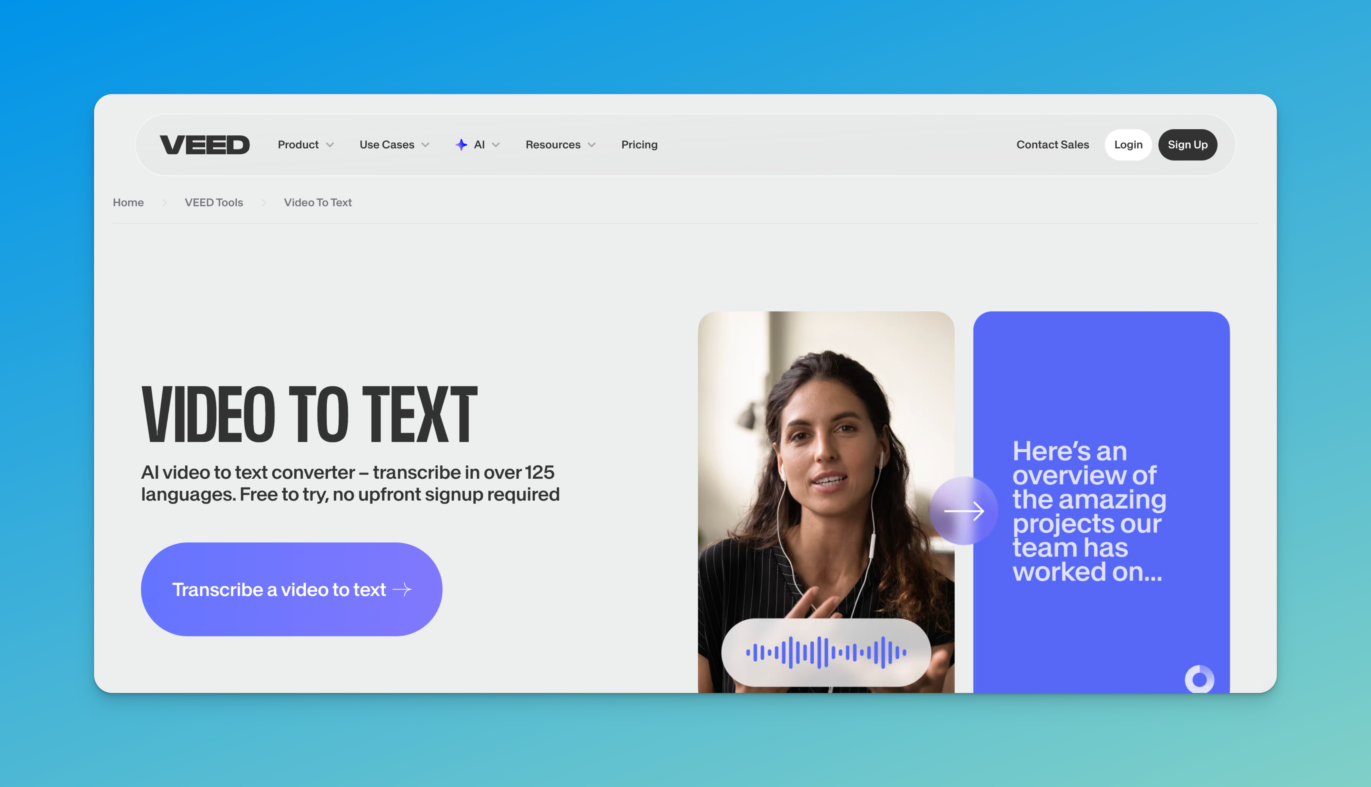 Veed page d'accueil : transcription vidéo en texte