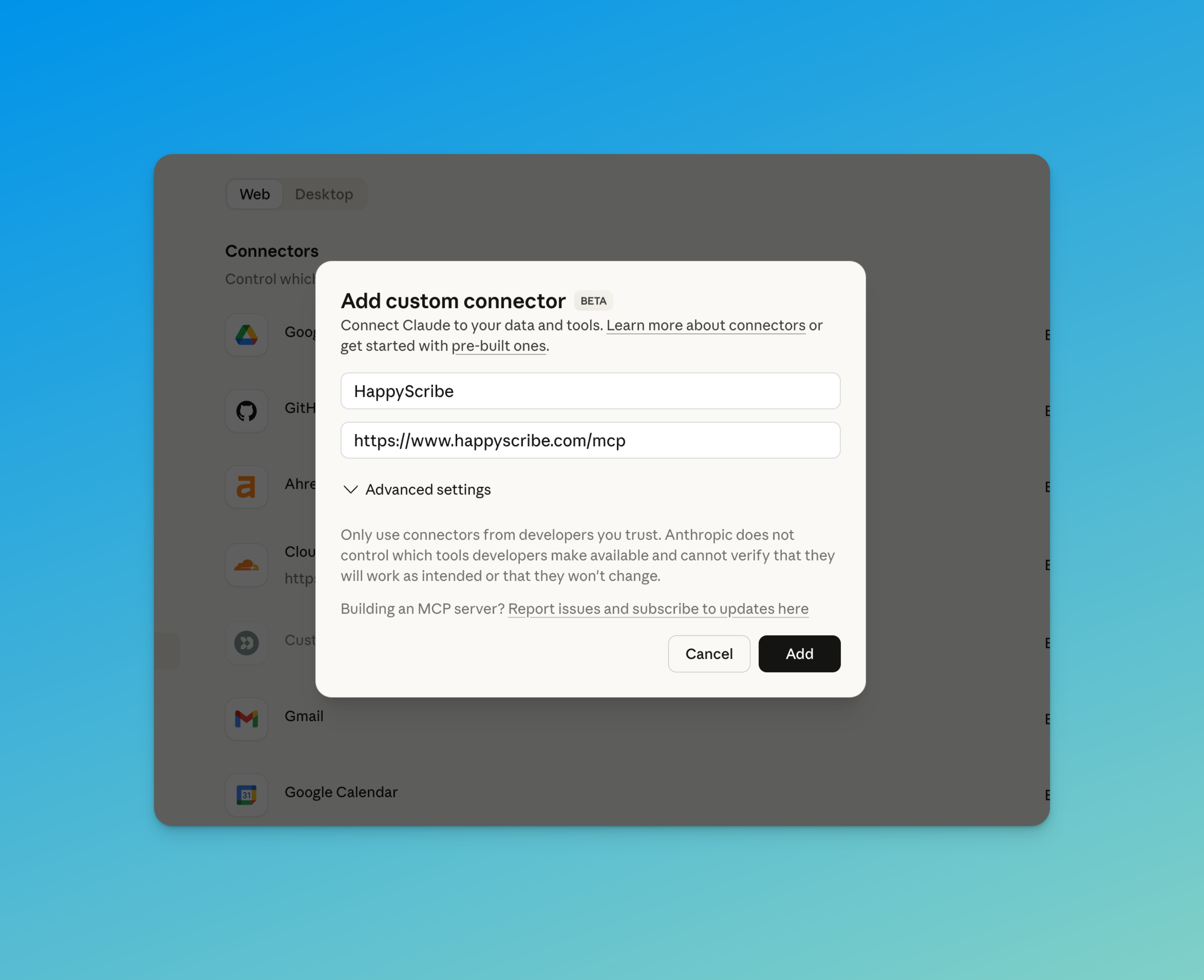 Screenshot: Entering HappyScribe name and MCP server URL