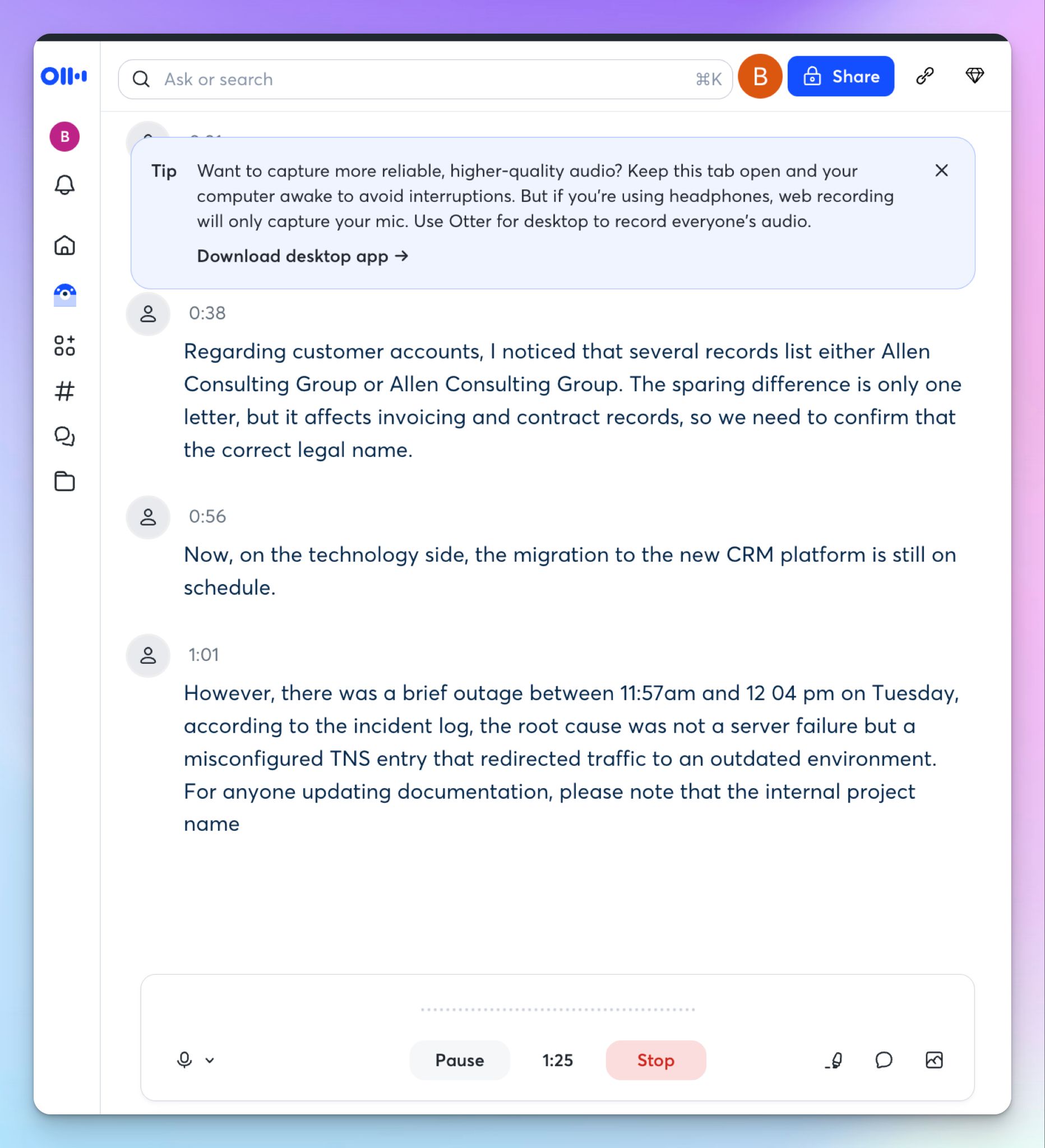 Otter offers live transcription for ongoing conversations
