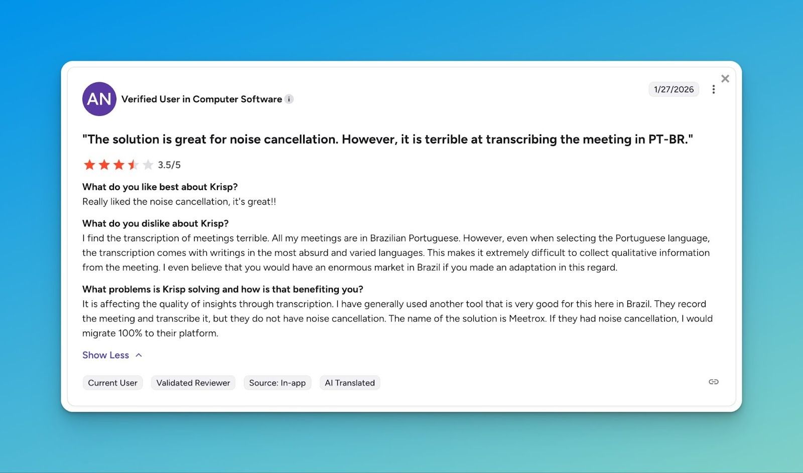 Krisp struggles beyond English meetings