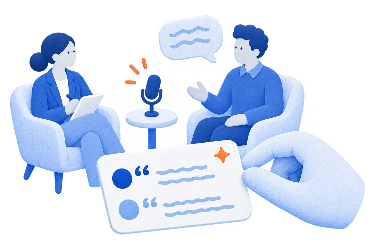 Twee mensen in een interview bij een microfoon, met een kaart vol citaten van sprekers uit de transcriptie