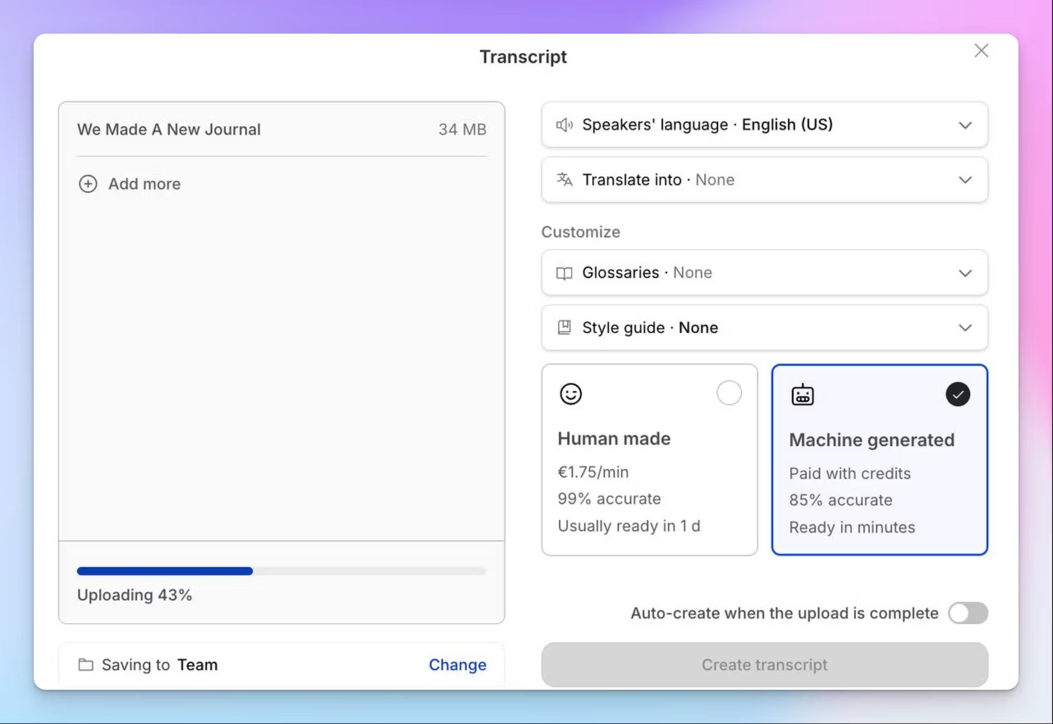 HappyScribe AI and human transcription options for qualitative research