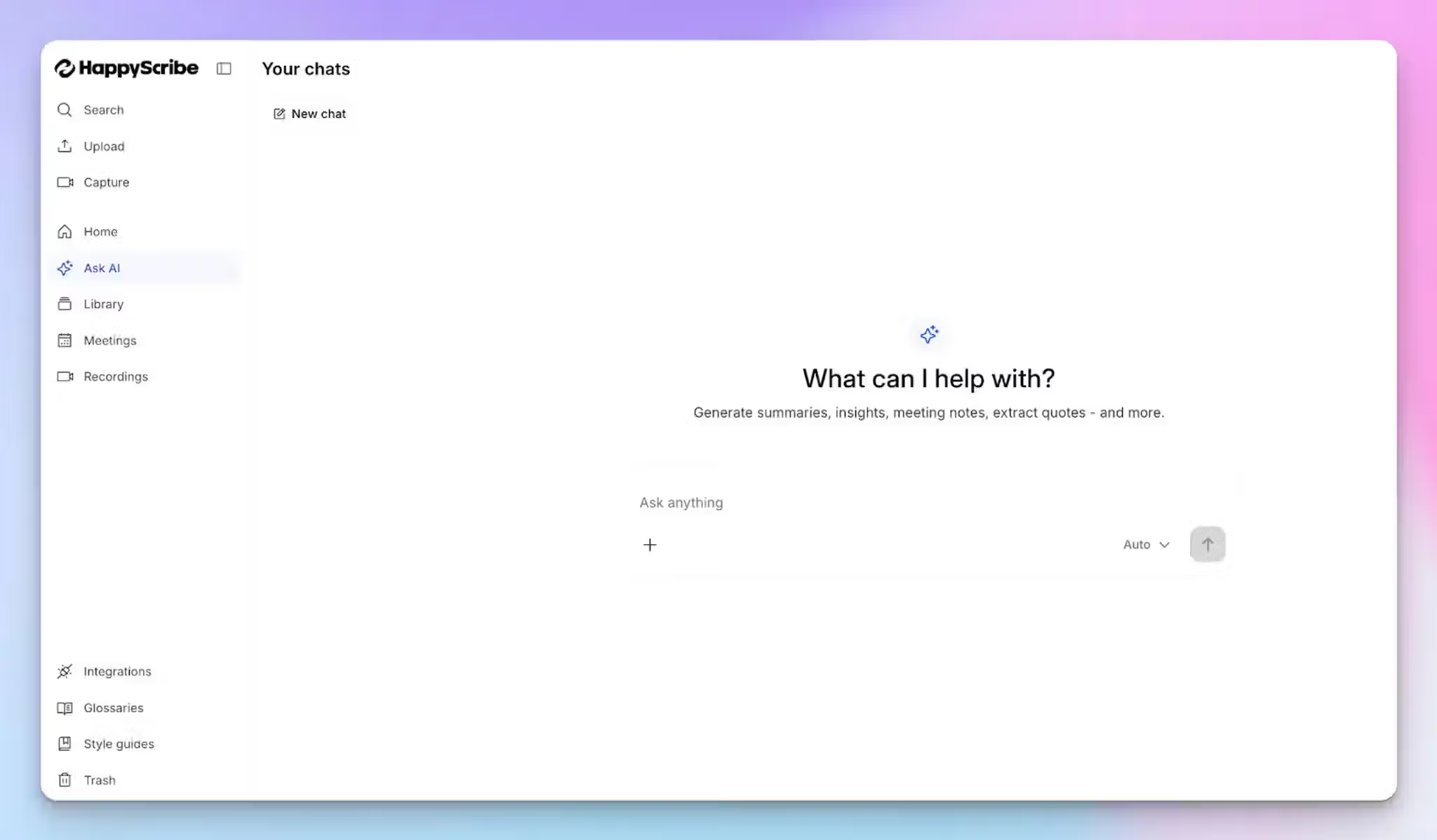 Durchsuchen Sie Ihre gesamte Transkript-Bibliothek mit dem AI Chat von HappyScribe