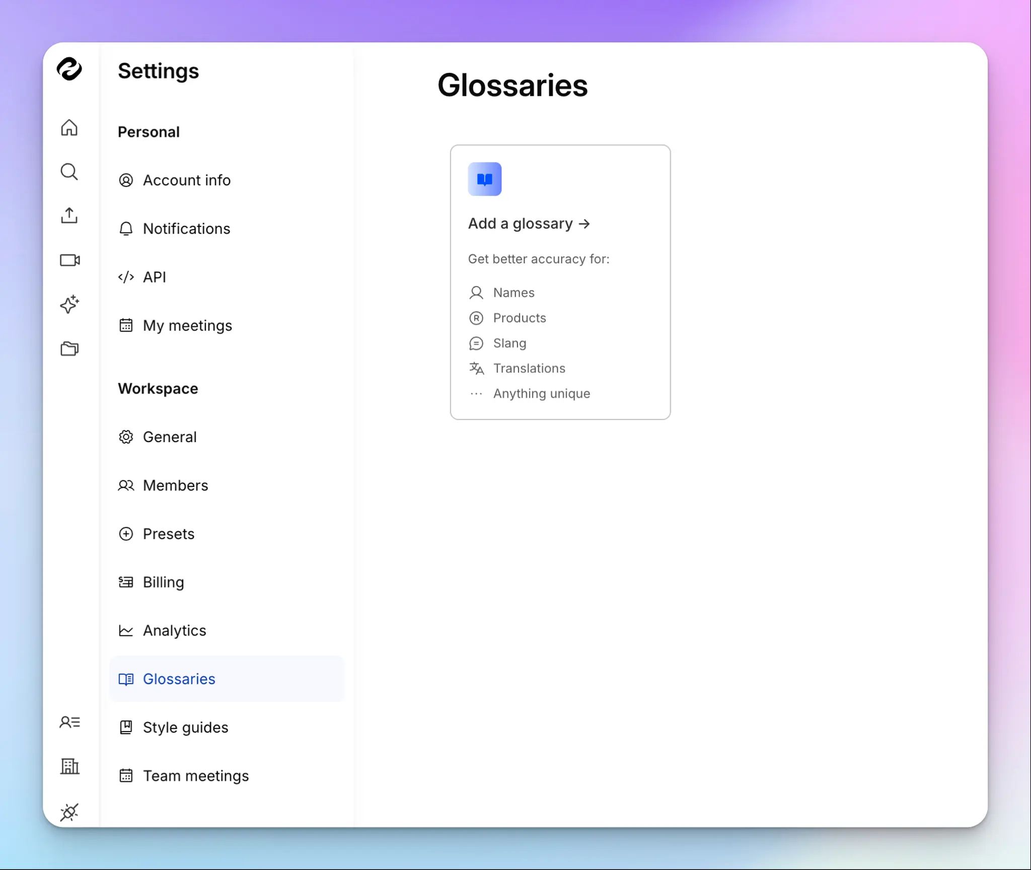 Add custom glossary to HappyScribe and get accurate transcription -  best MeetGeek alternative