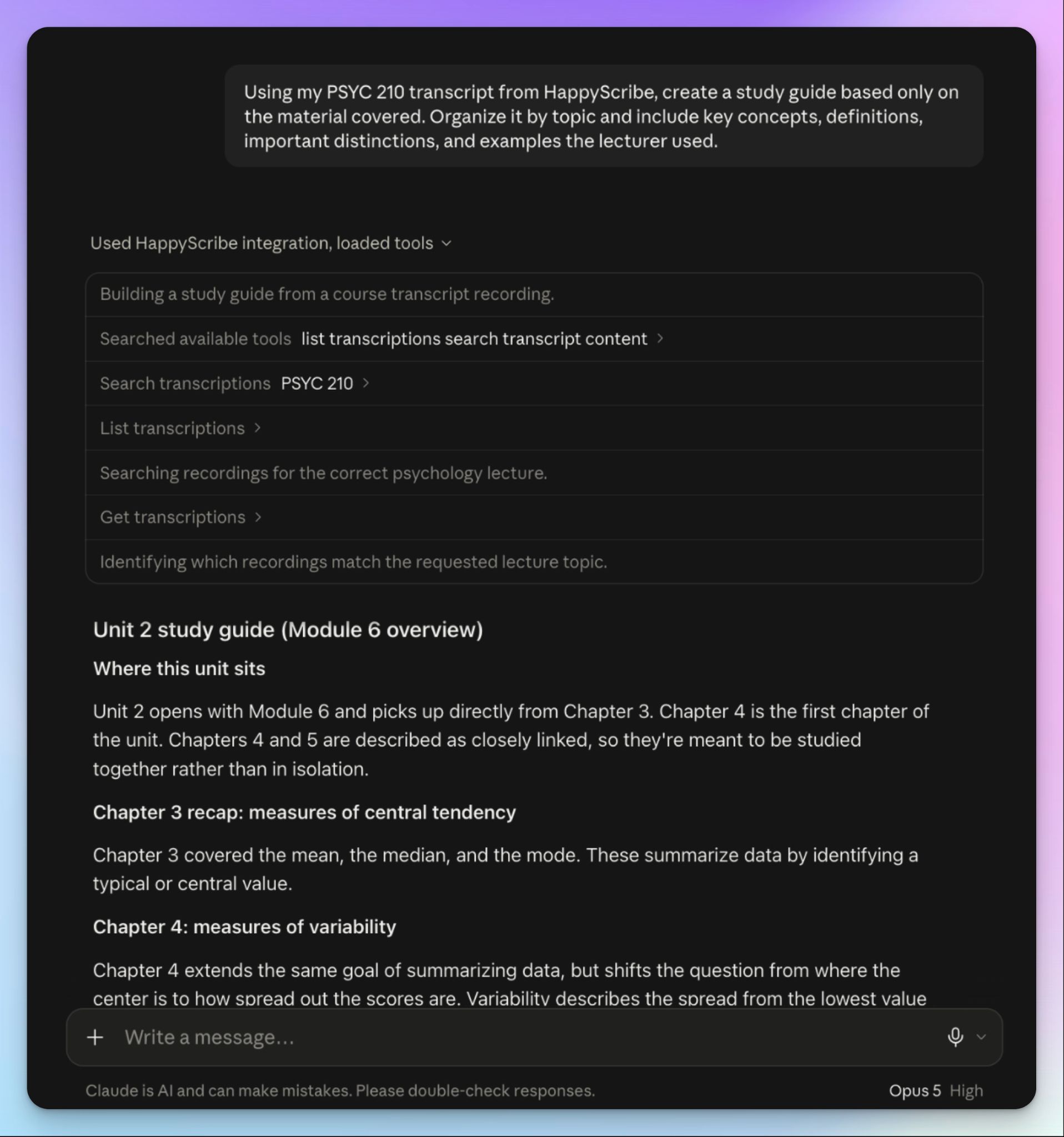 HappyScribe's Claude connector for study guides