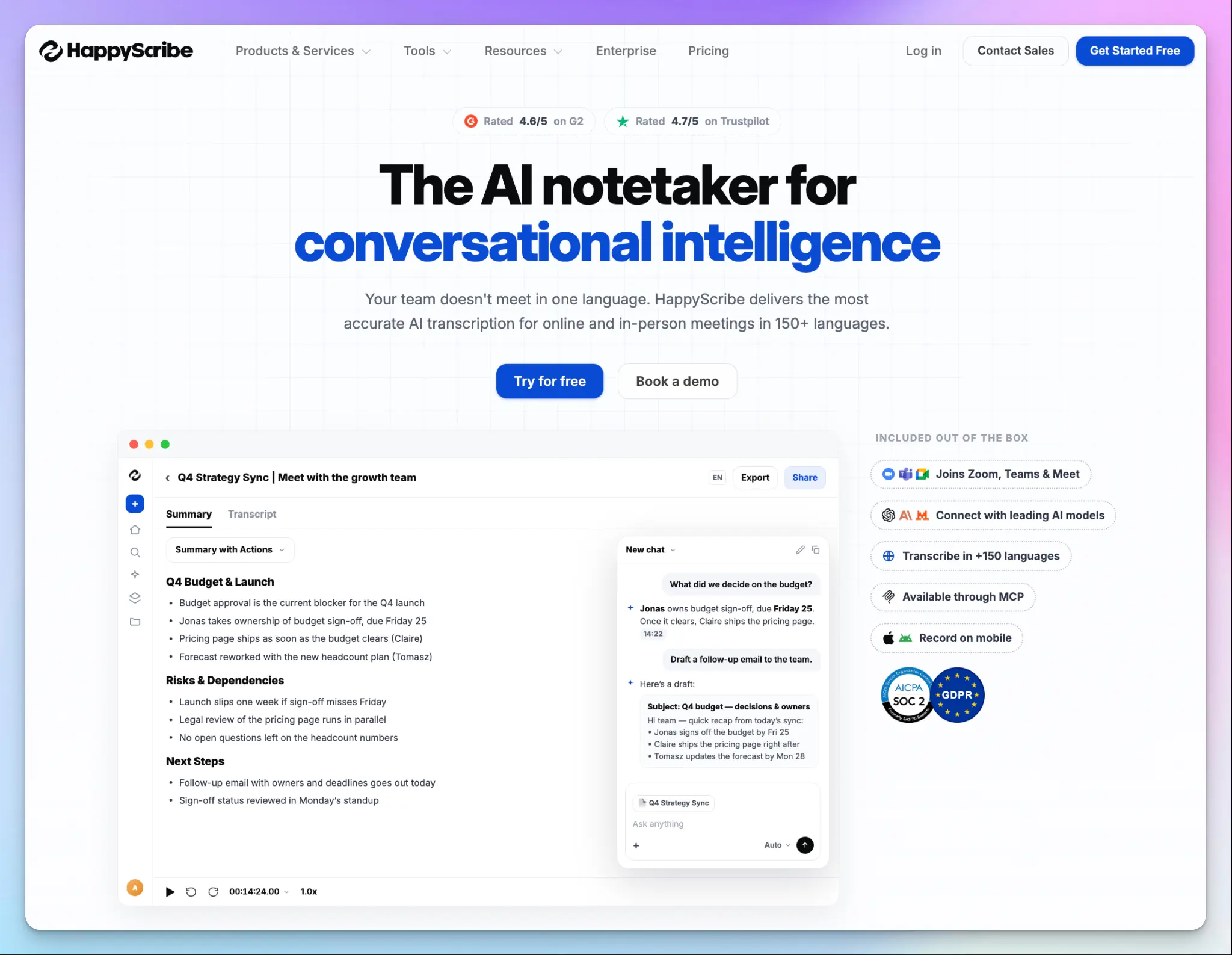 HappyScribe AI meeting note taker is built for SMBs and startups