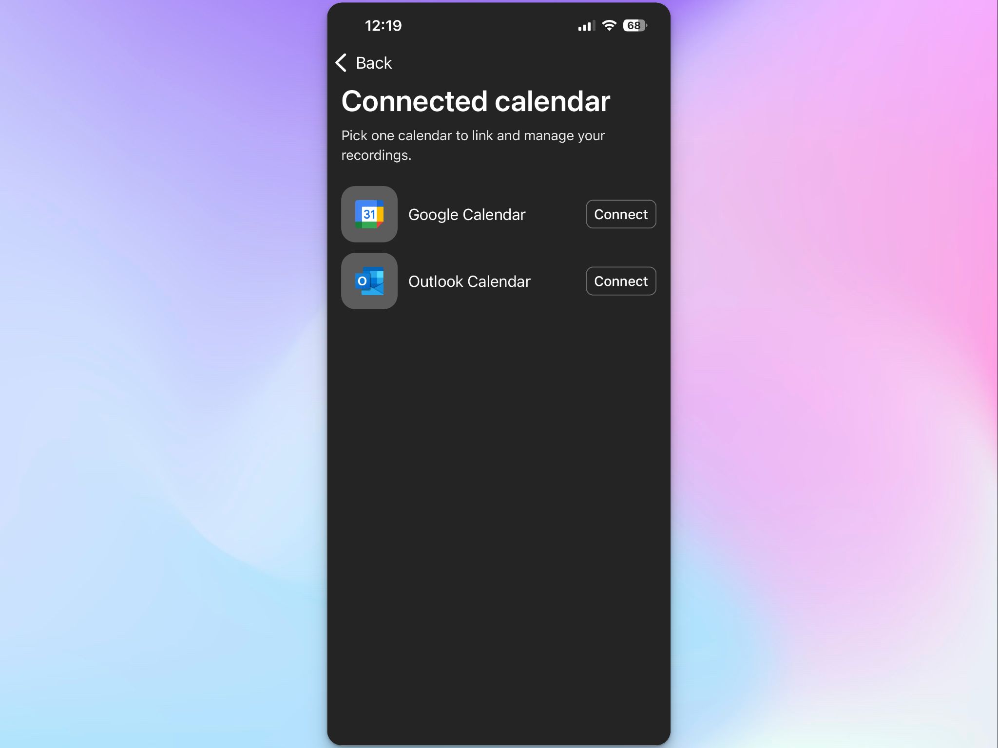 Connect your Google Calendar and Outlook Calendar with the HappyScribe mobile app, and take meeting notes automatically