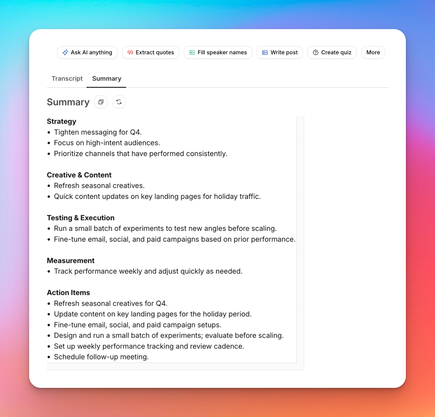 Generate meeting summary and quote highlights using HappyScribe