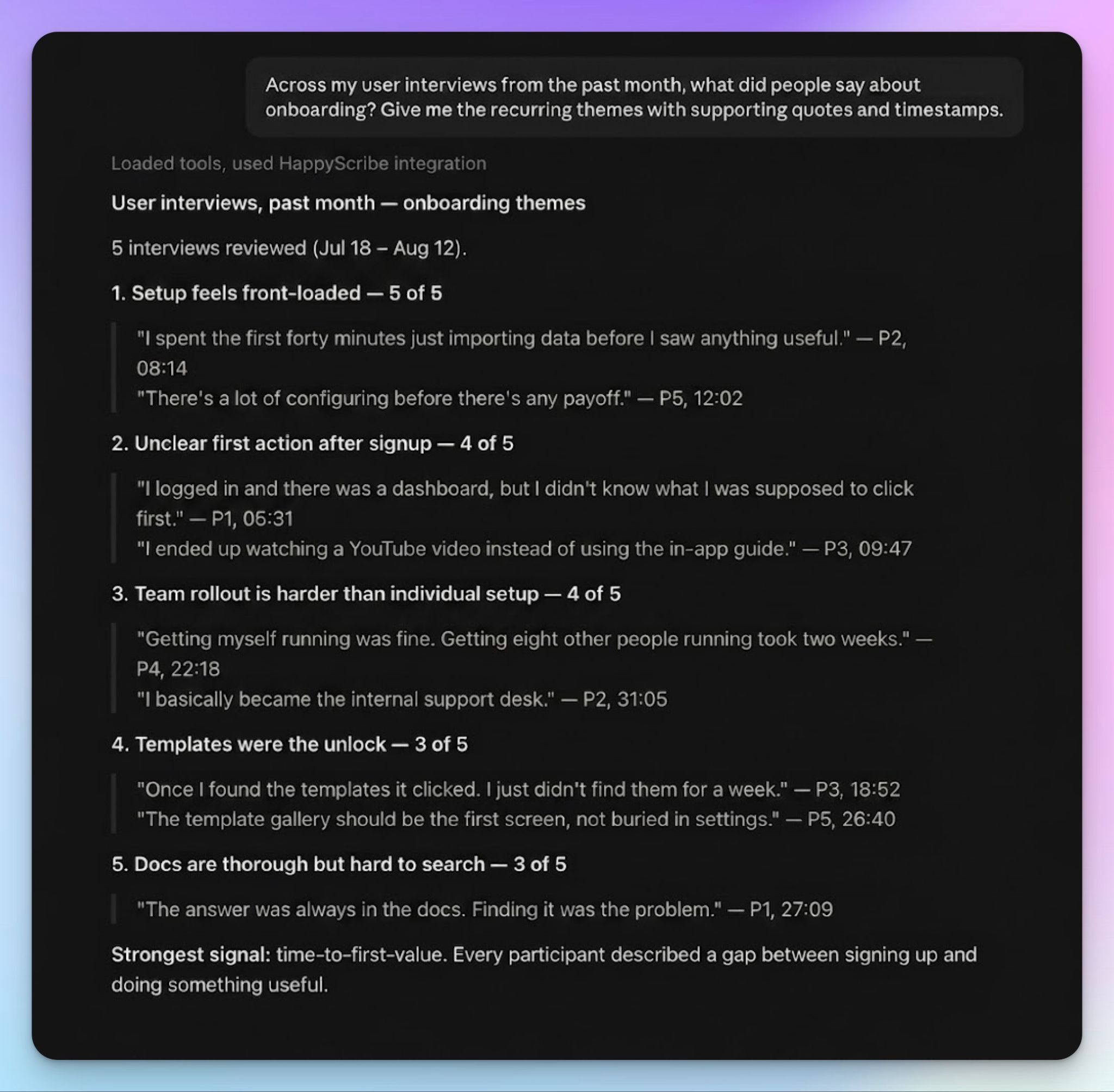 HappyScribe research interview insights via Claude connector
